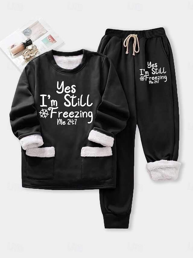 Women's Fleece Lined Sweatsuits Top and Pant Letter Warm Comfort Soft Home Daily Bed Fleece Warm Breathable Crew Neck Long Sleeve Pullover Pant Elastic Waist Fall Winter