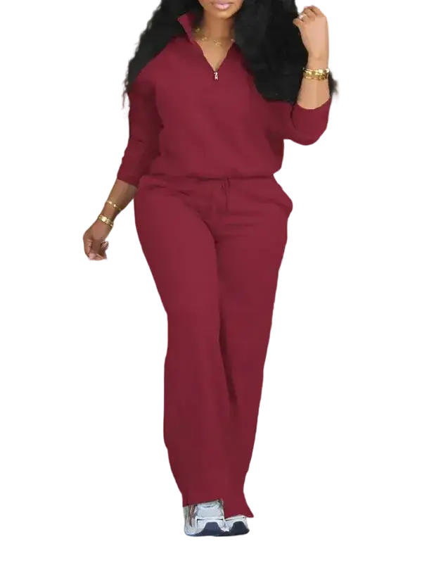 Women's Solid Half Placket Split Hem Pants Set