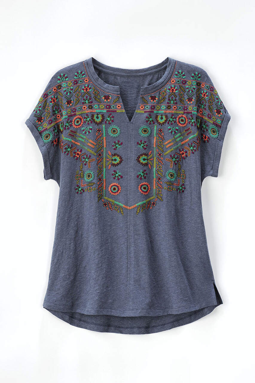 Embroidered Split-Neck Slub Tee
