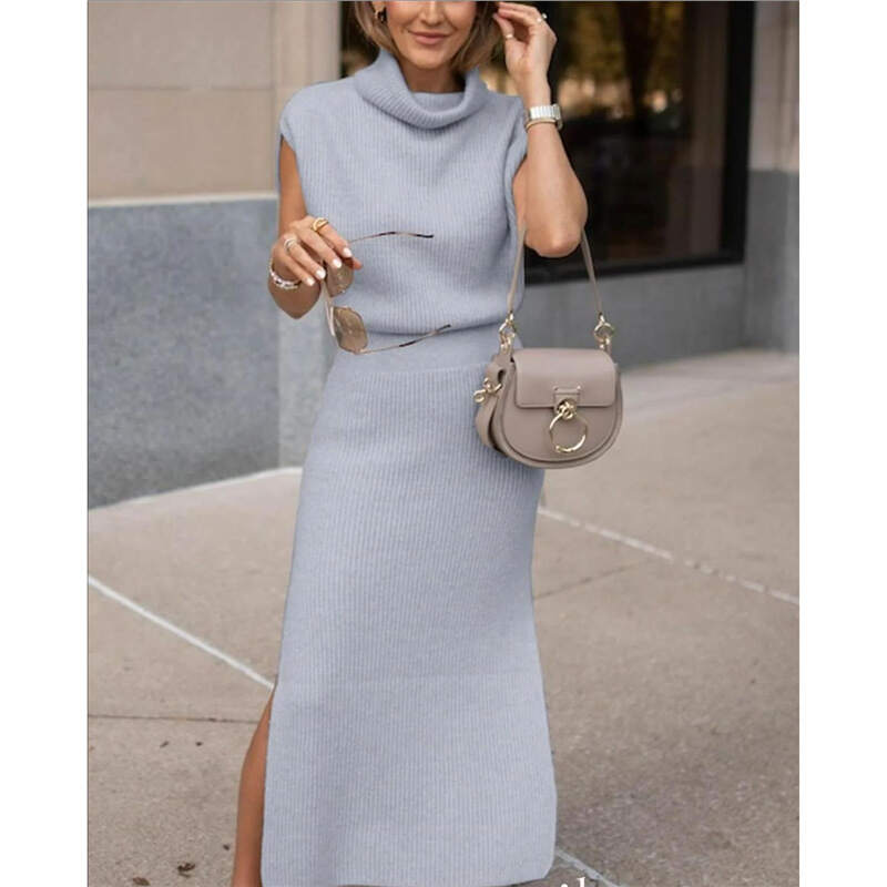 Temperament casual solid color sleeveless knitted top skirt two-piece set