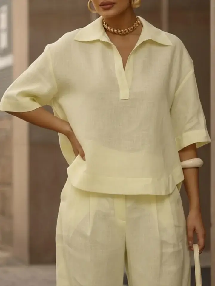 🔥Summer Arrivals🌟Women's Casual Linen And Cotton Shirt And Wide-leg Pants Two-piece Set