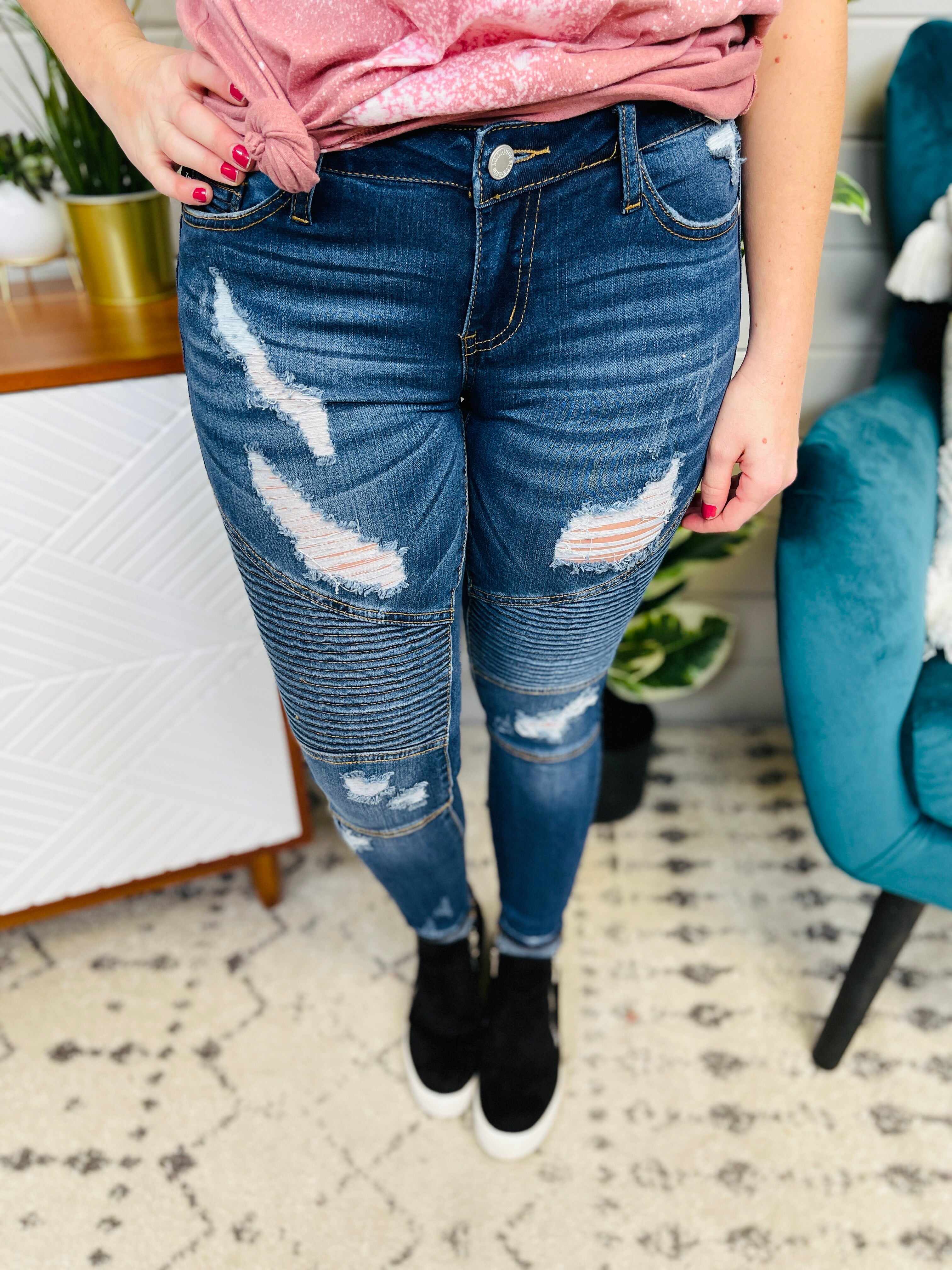 Mid Rise Destroyed Moto Skinny Jeans