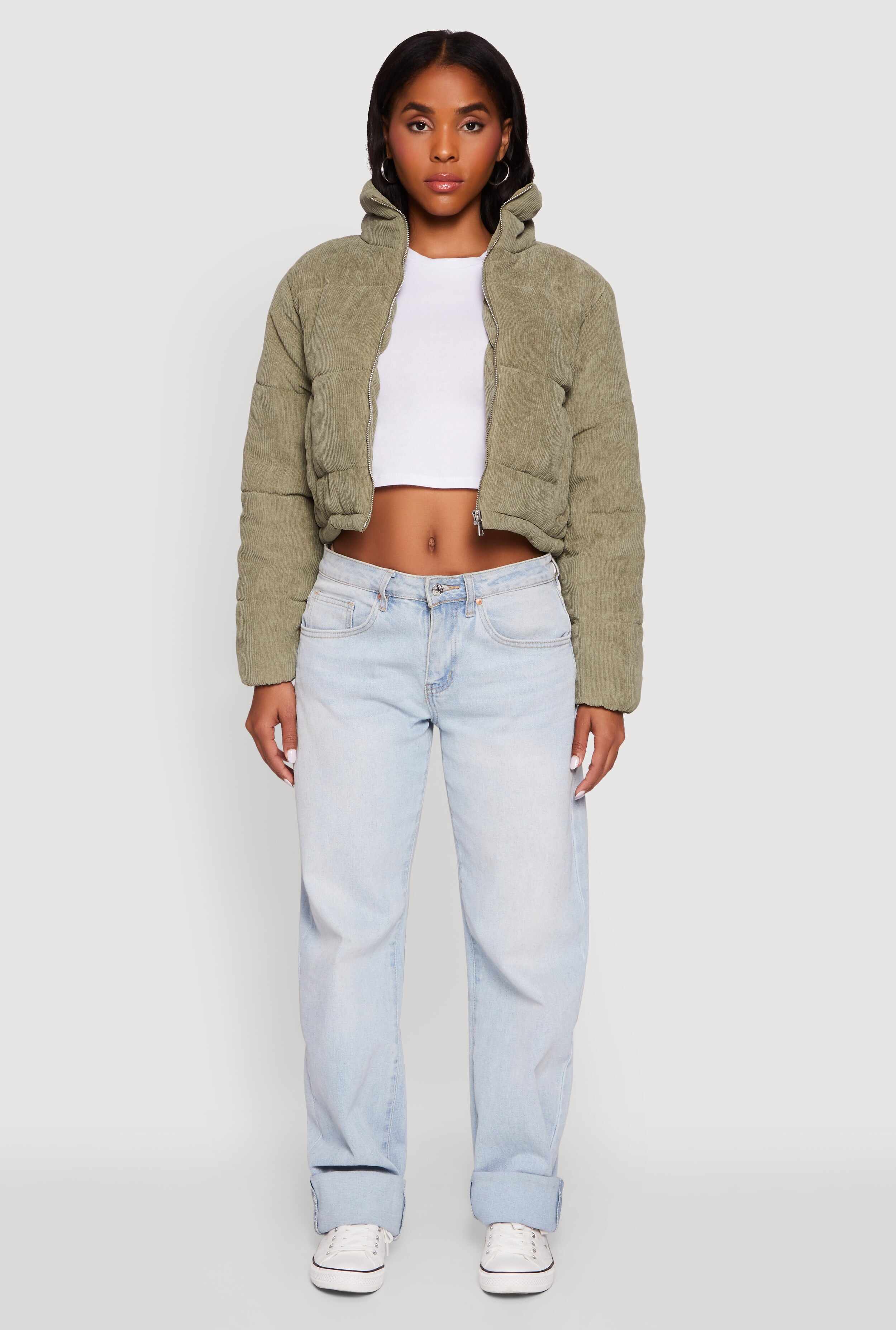 Mock Neck Zip Front Corduroy Puffer Jacket