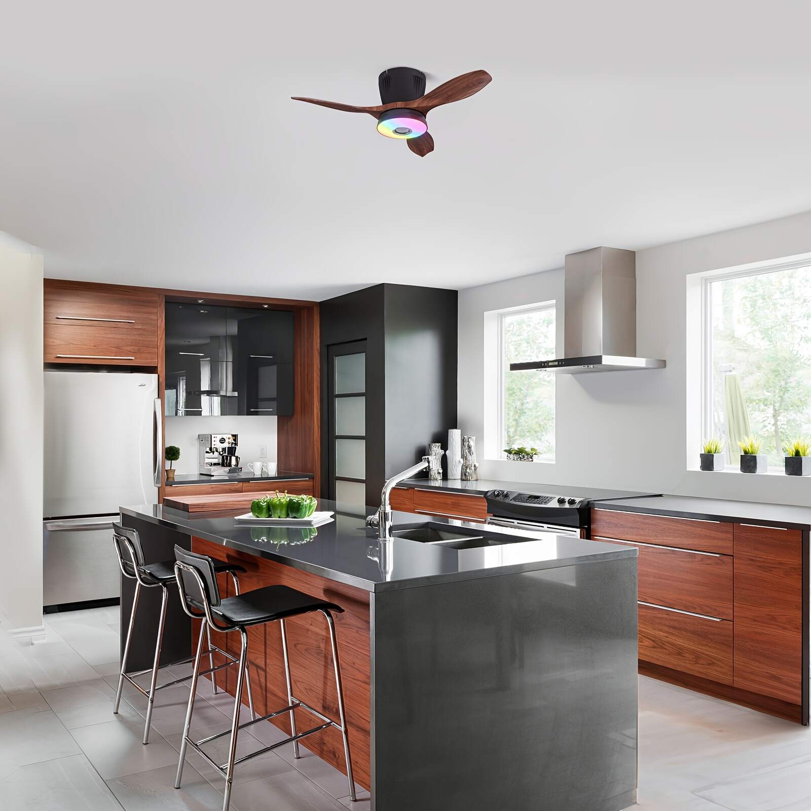 Smart RGB Rainbow Music Rhythm Speaker LED Fan with Light, 3-speed Socket Fan Light, Remote Control Timing, 3 Colors 3000-6500k Dimmable, Suitable for Home, Office, Restaurant, Party