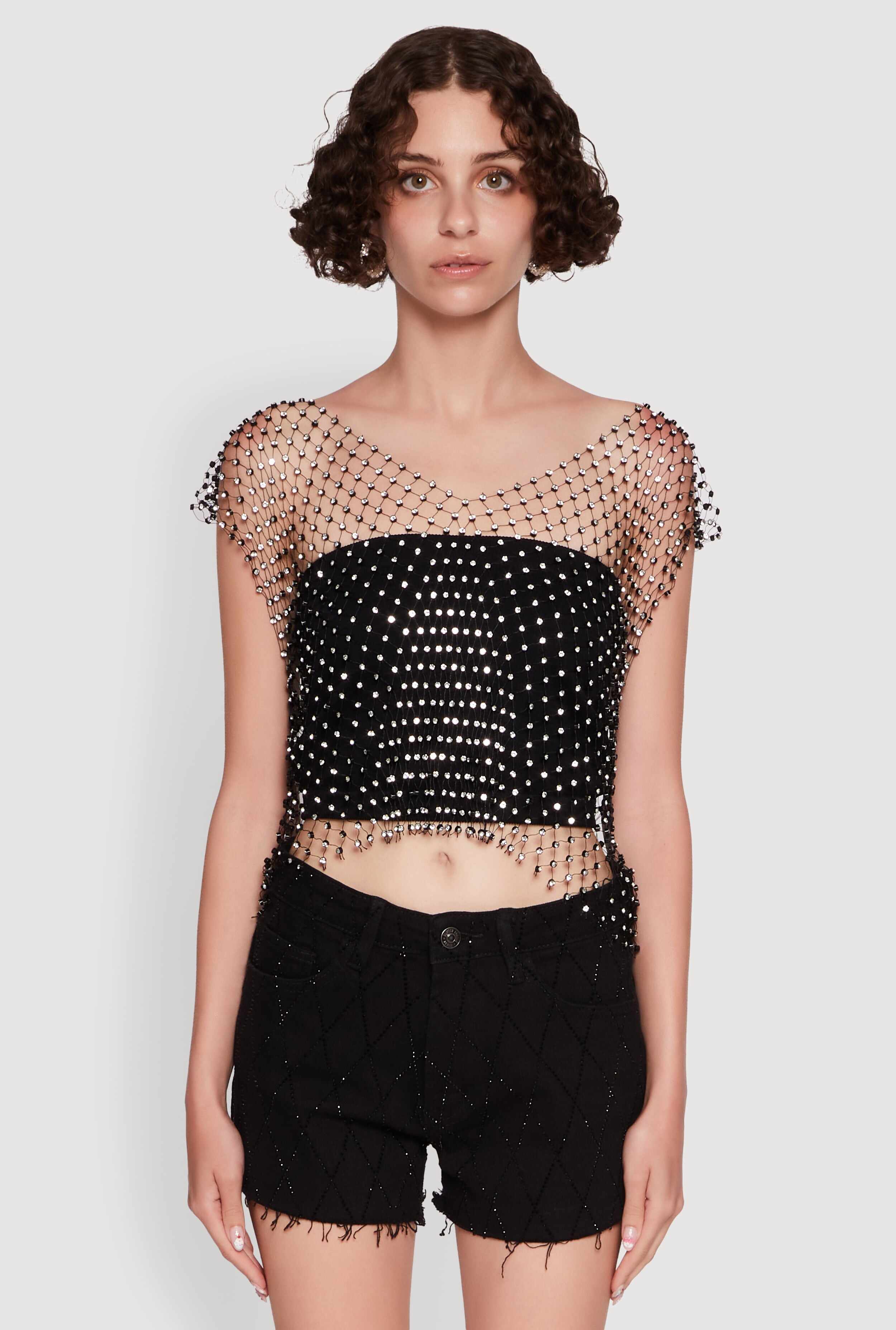 Trendy Rhinestone Fishnet V Neck Crop Top