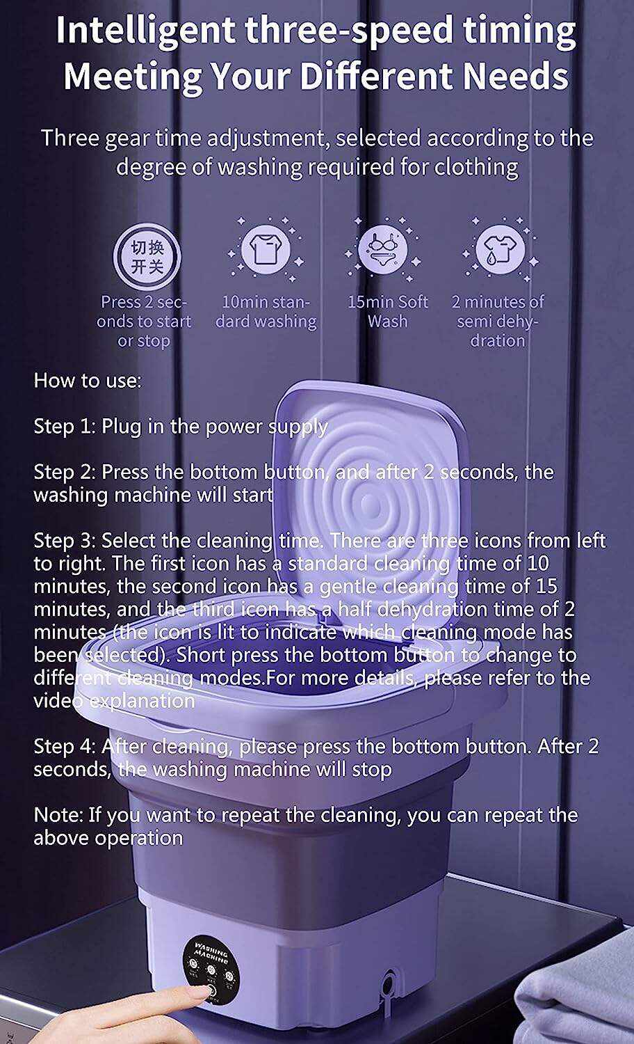 Portable Washing Machine, High Capacity Mini Washer with 3 Modes Deep Cleaning Half Automatic Washt, Foldable Washing Machine with Soft Spin Dry for Socks, Baby Clothes, Towels, Delicate Items (Purple)