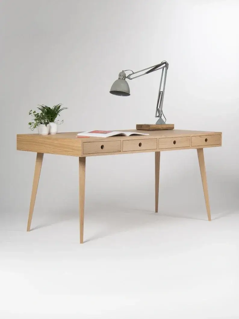 Home office desk, large computer table, oak wood, bureau with drawers, customized size and finish;Send 2 stool(pictured)