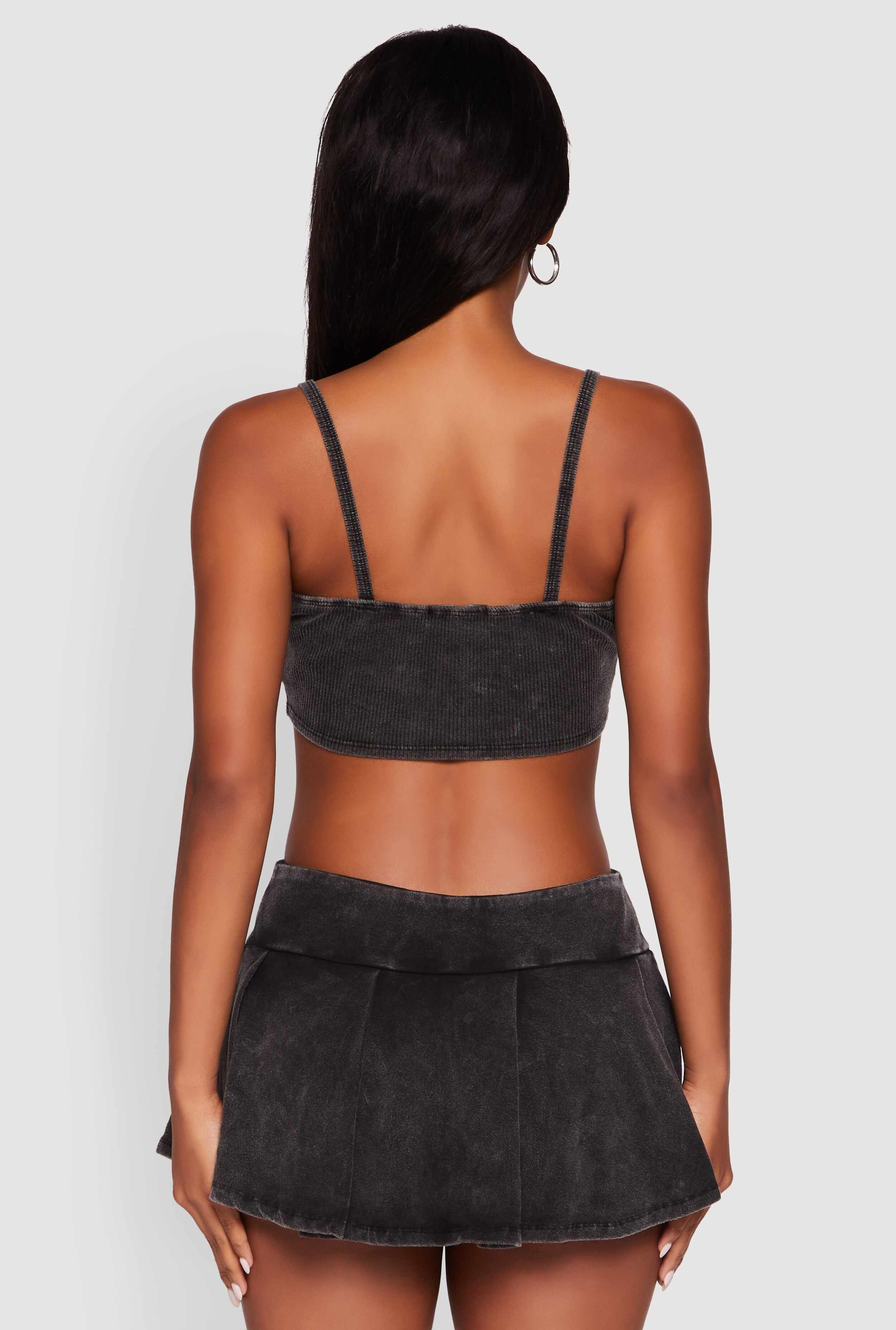 Acid Wash Cropped Rib Knit Cami with Long Sleeve Jacket