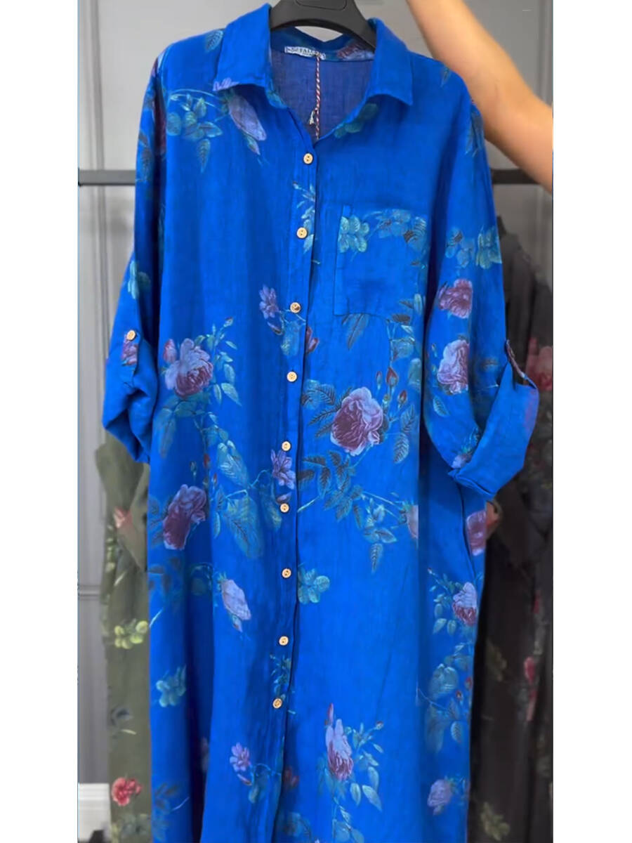 🔥Summer Arrivals🌟Women's Floral Print Cotton and Linen Shirt Dress
