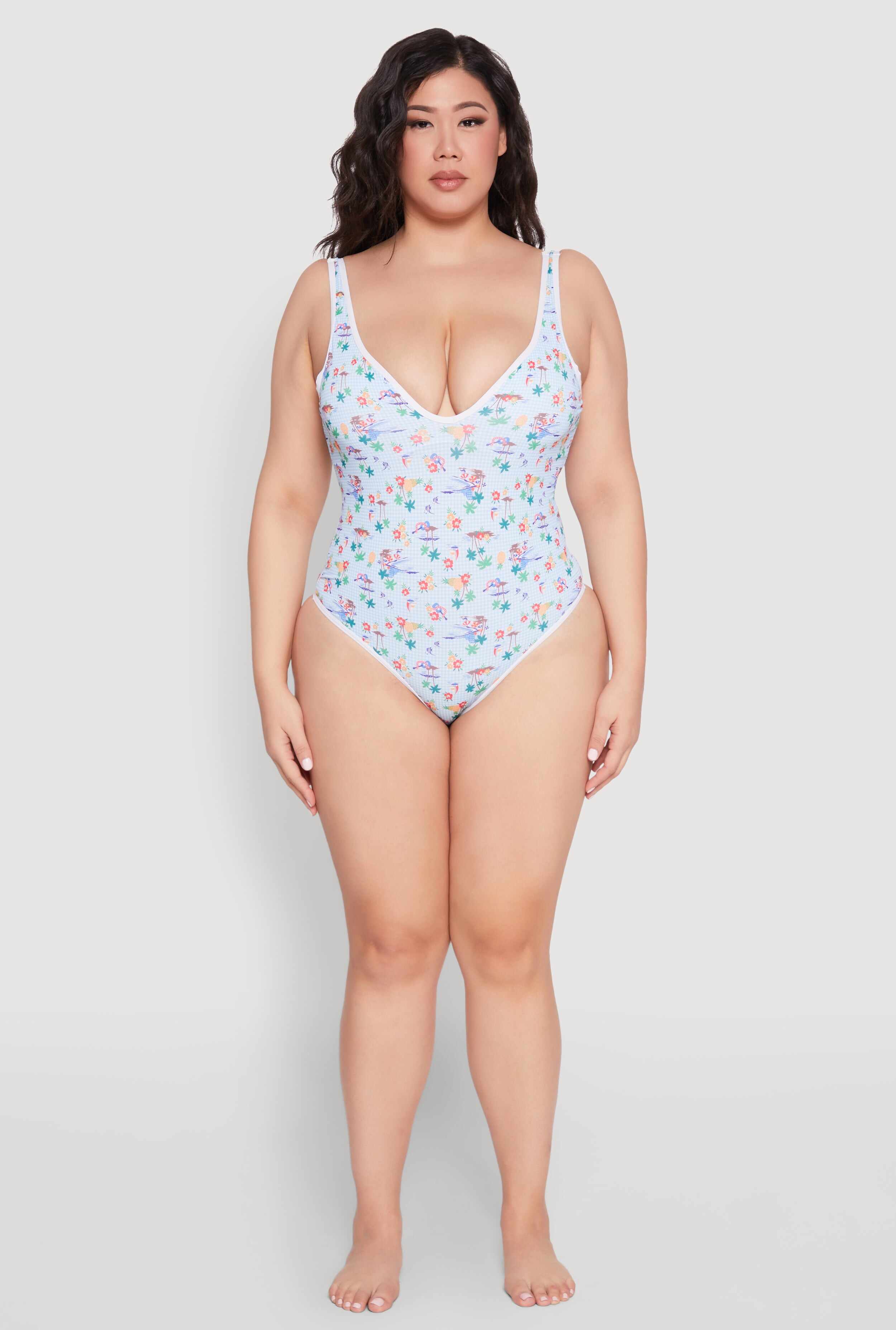 Plus Size Gingham Island Print One Piece Swimsuit