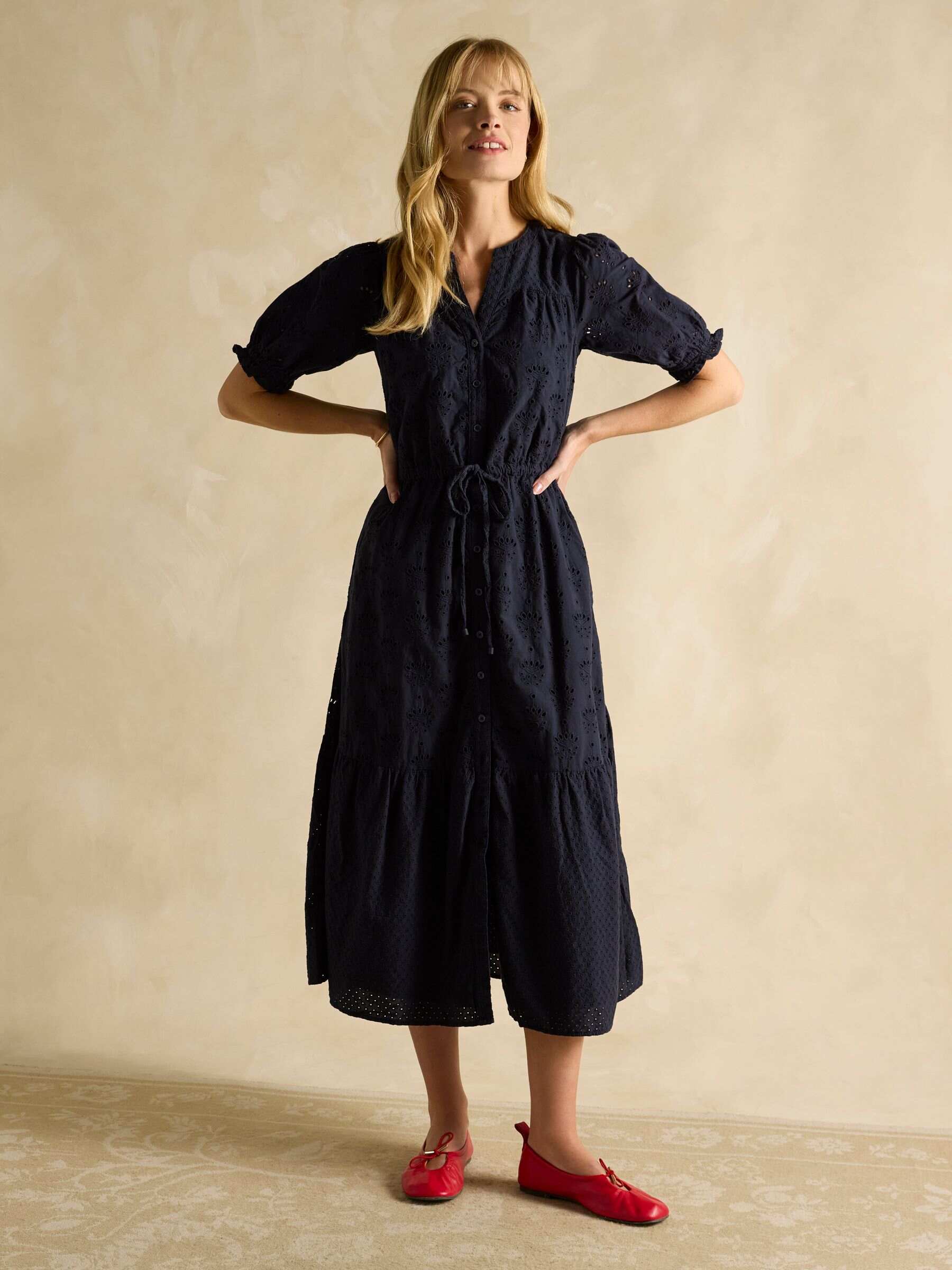 Juliana 100% Cotton Navy Blue Broderie Midi Dress