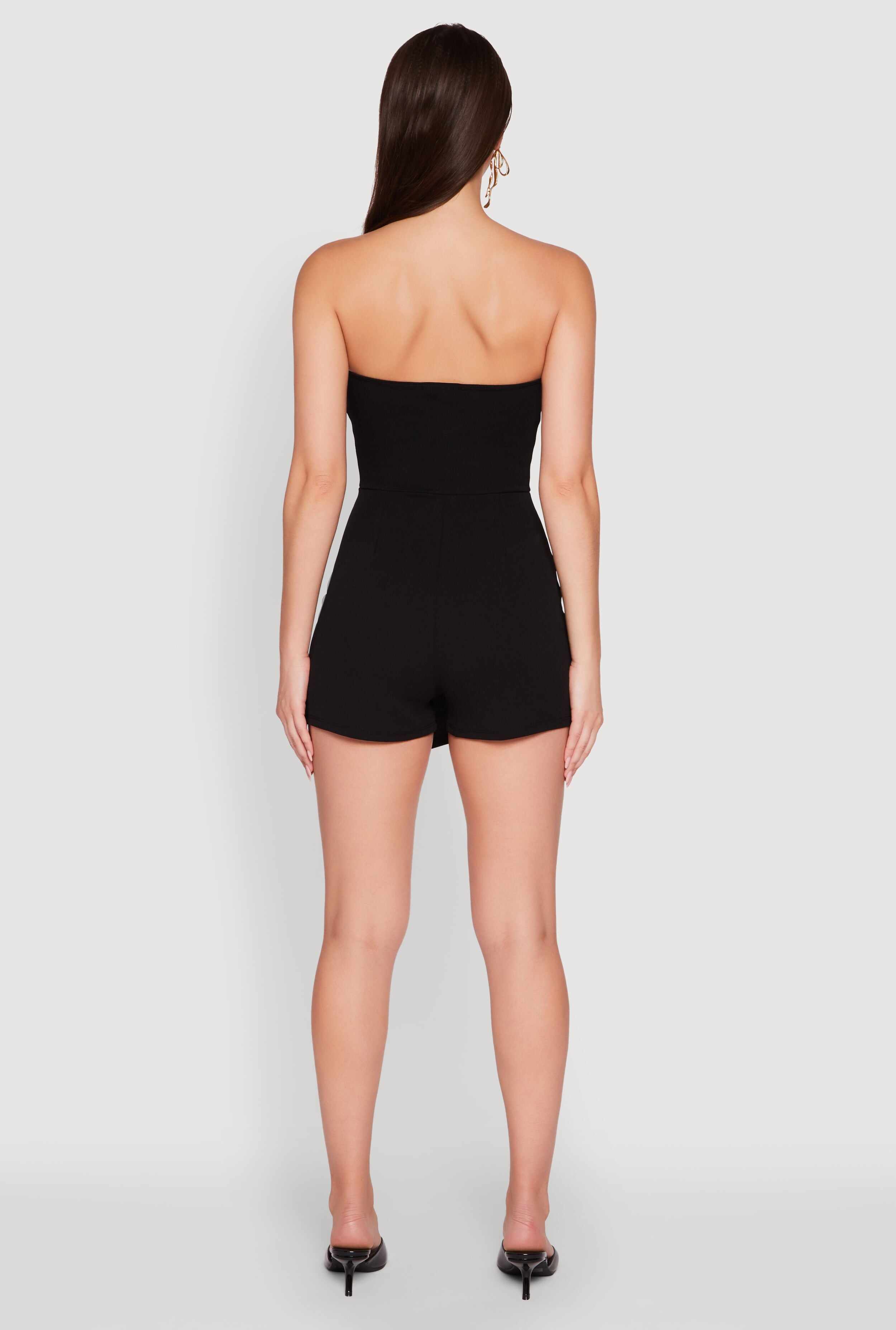 Strapless Bow Detail Crepe Knit Romper with Side Slit