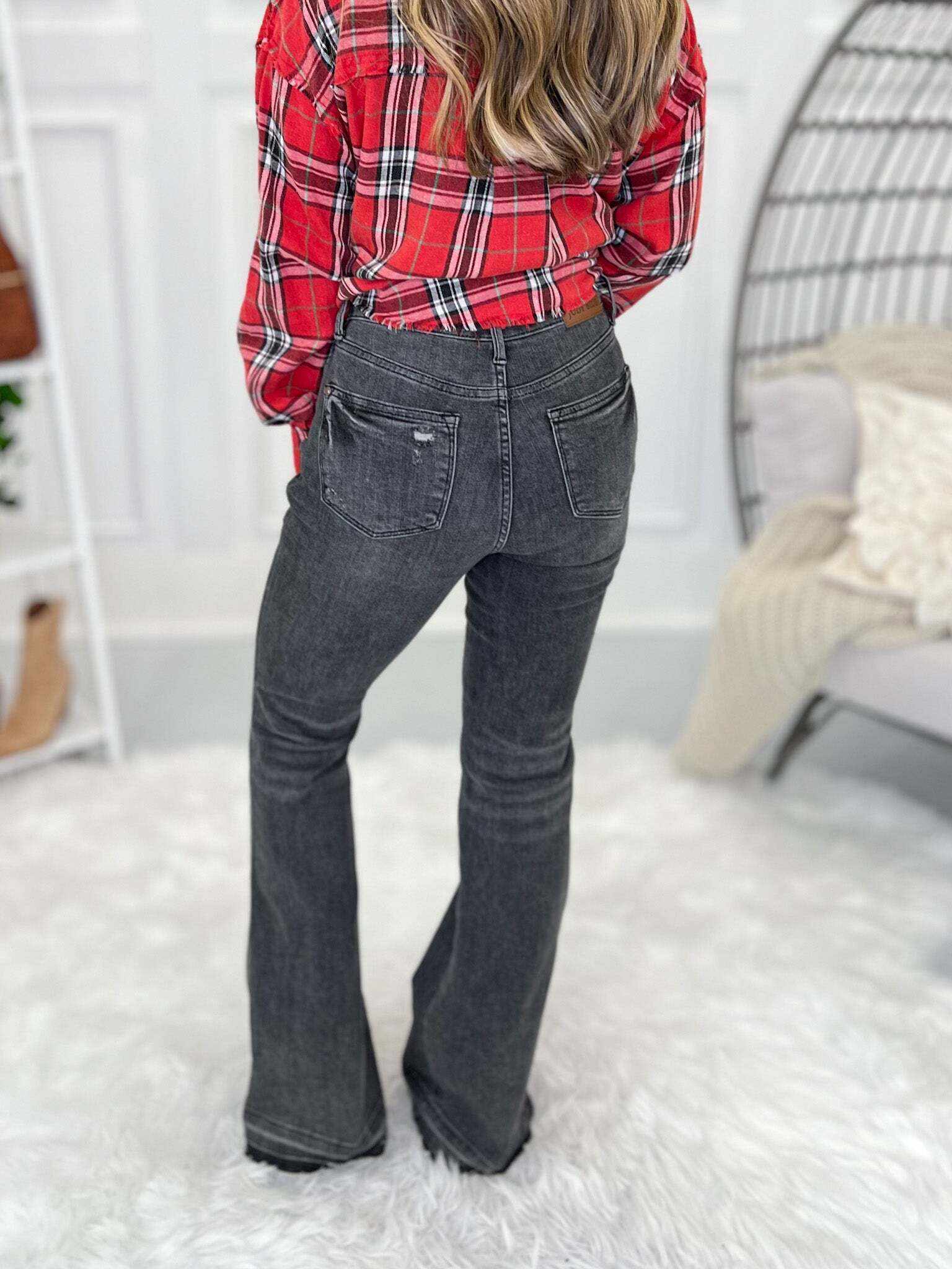Double Dipped - Christmas Shadow Hem Flare Jeans- Final Sale