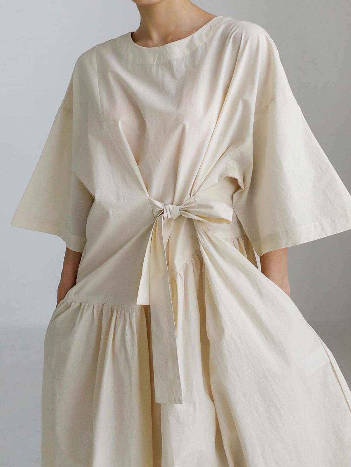 Elegant Plain Crew Neck Knot Waist Half Sleeve Maxi Dress