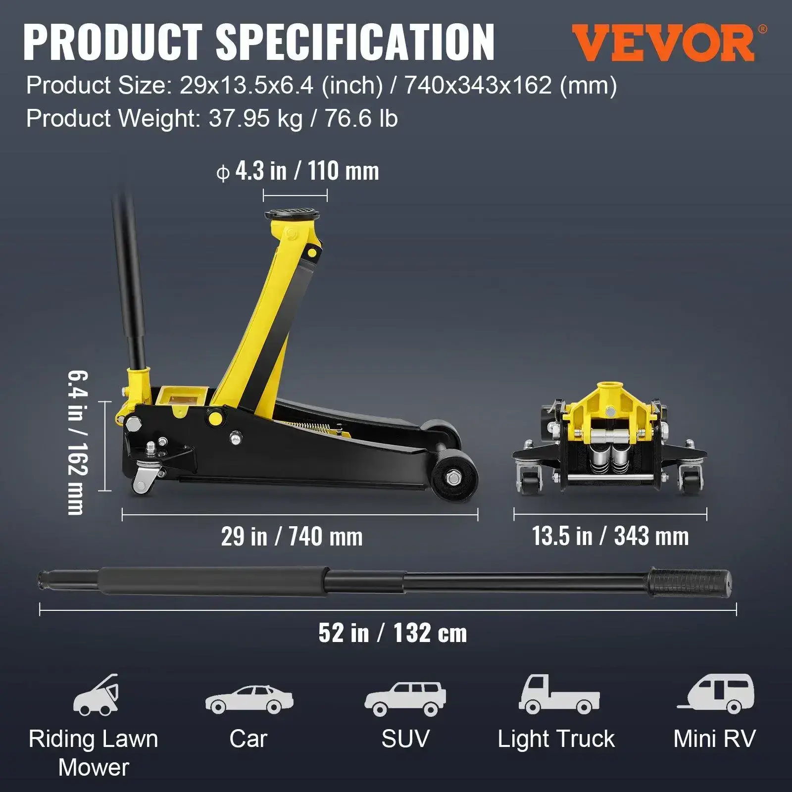 Low Profile Floor Jack 4 Ton Heavy Duty Steel Dual Piston Rapid Pump Portable Car Wheel