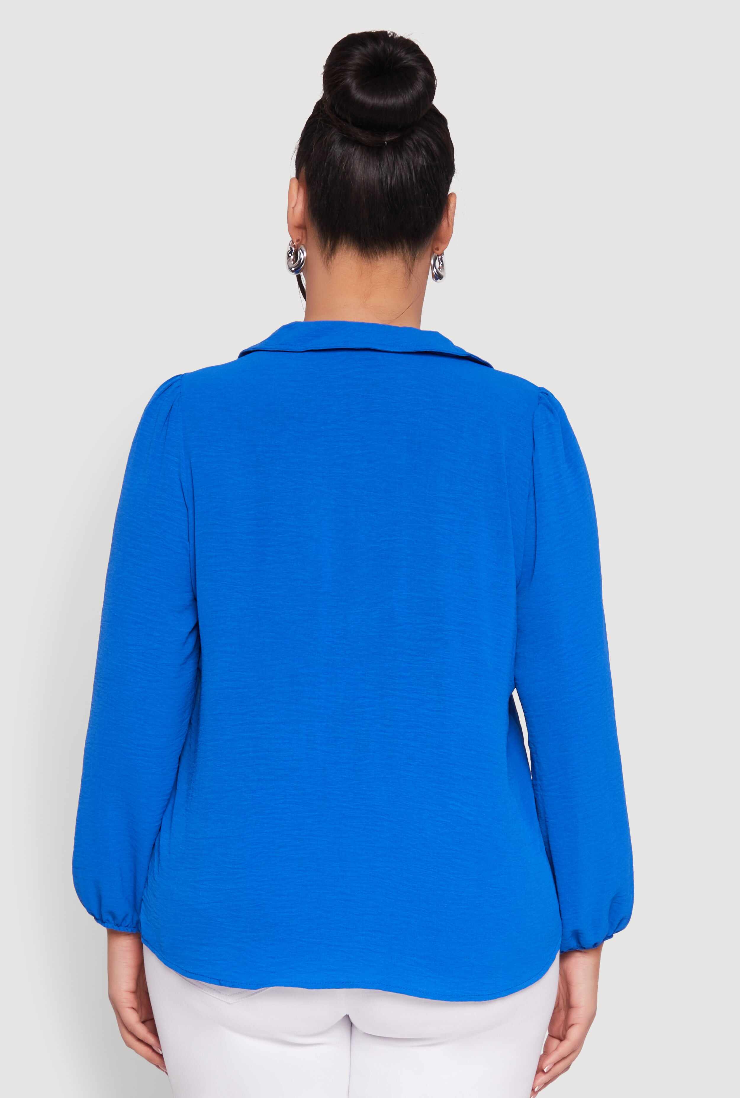 Plus Size Airy Johnny Collar Long Sleeve Top