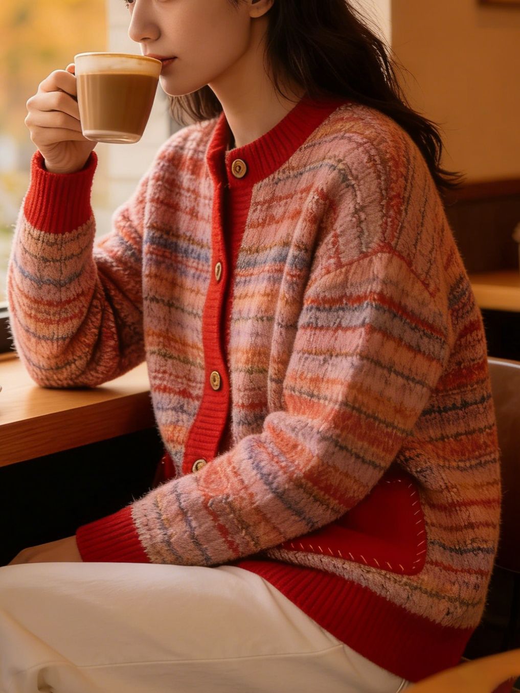 Natural Red Pockets Patchwork Button Cotton Knit Coats Spring