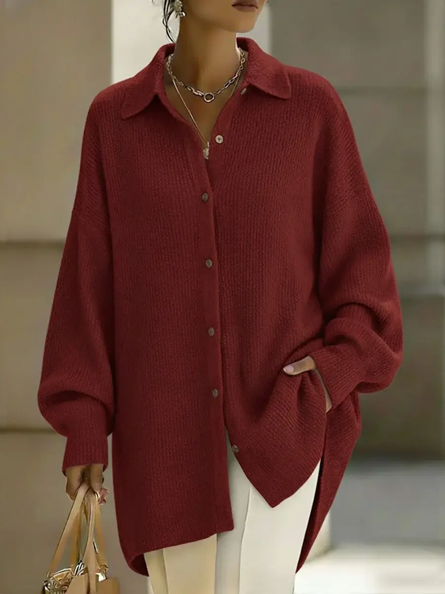🔥Summer Arrivals🌟Women's Solid Color Lapel Long-sleeved Casual Loose Knit Cardigan