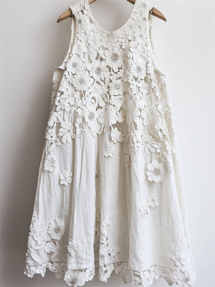 Classy 3d Floral Hollow Lace Patchwork Linen Tank Dress