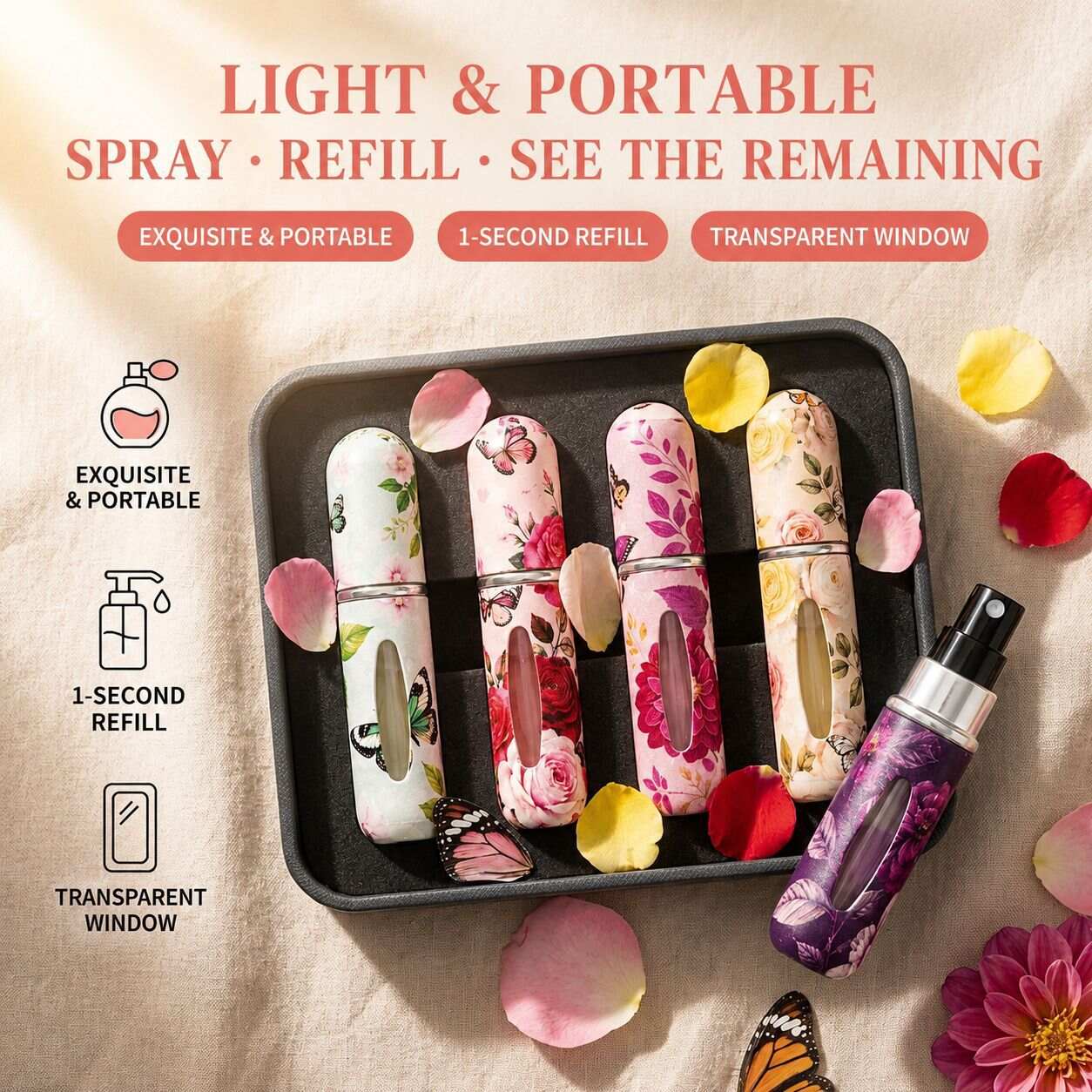 5 Pack Floral Butterfly Refillable Perfume Atomizer Set