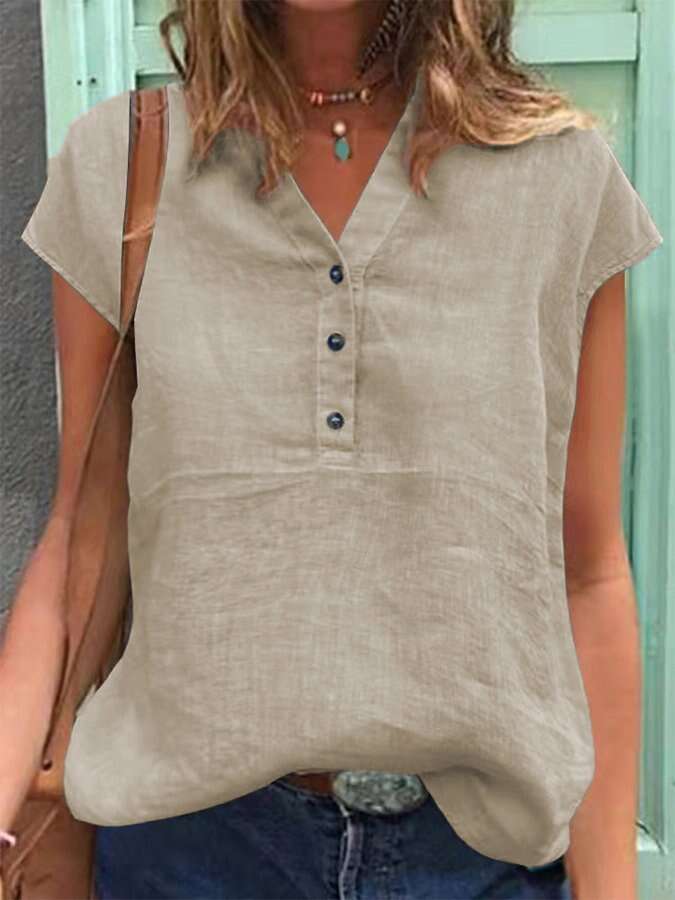 Women's Casual Solid Color Button V-Neck Cotton Linen Shirt