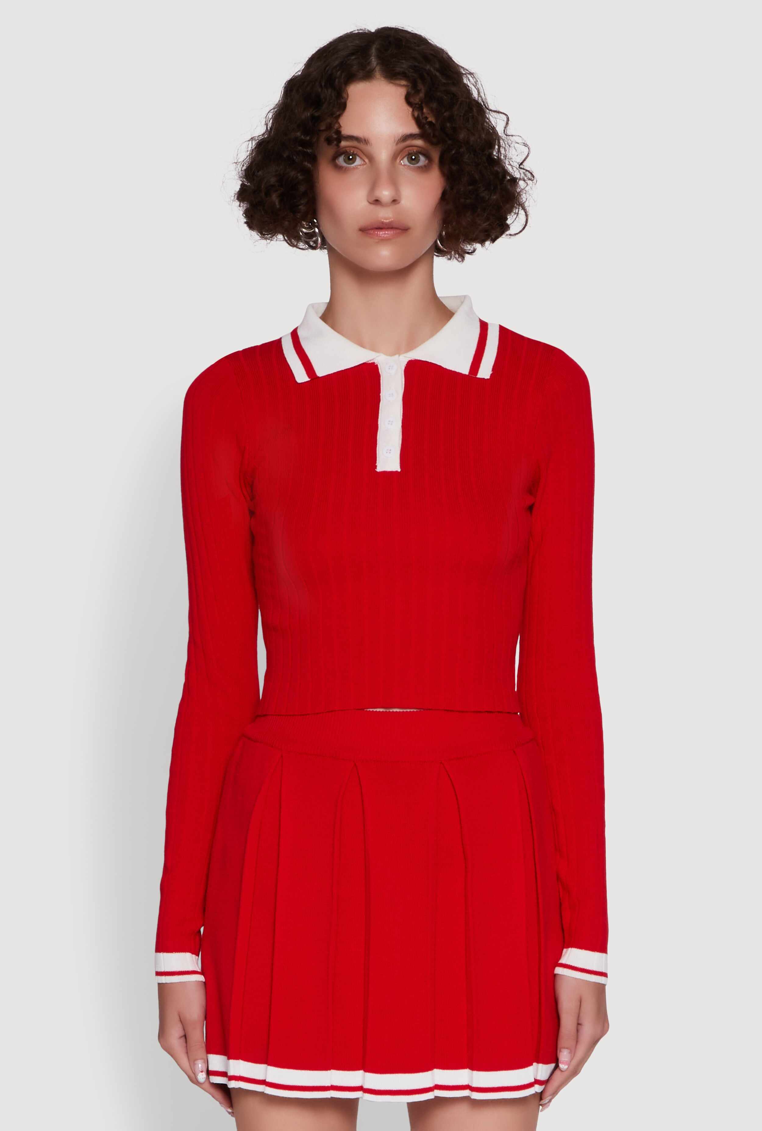 Daisy Ribbed Knit Varsity Stripe Polo Top