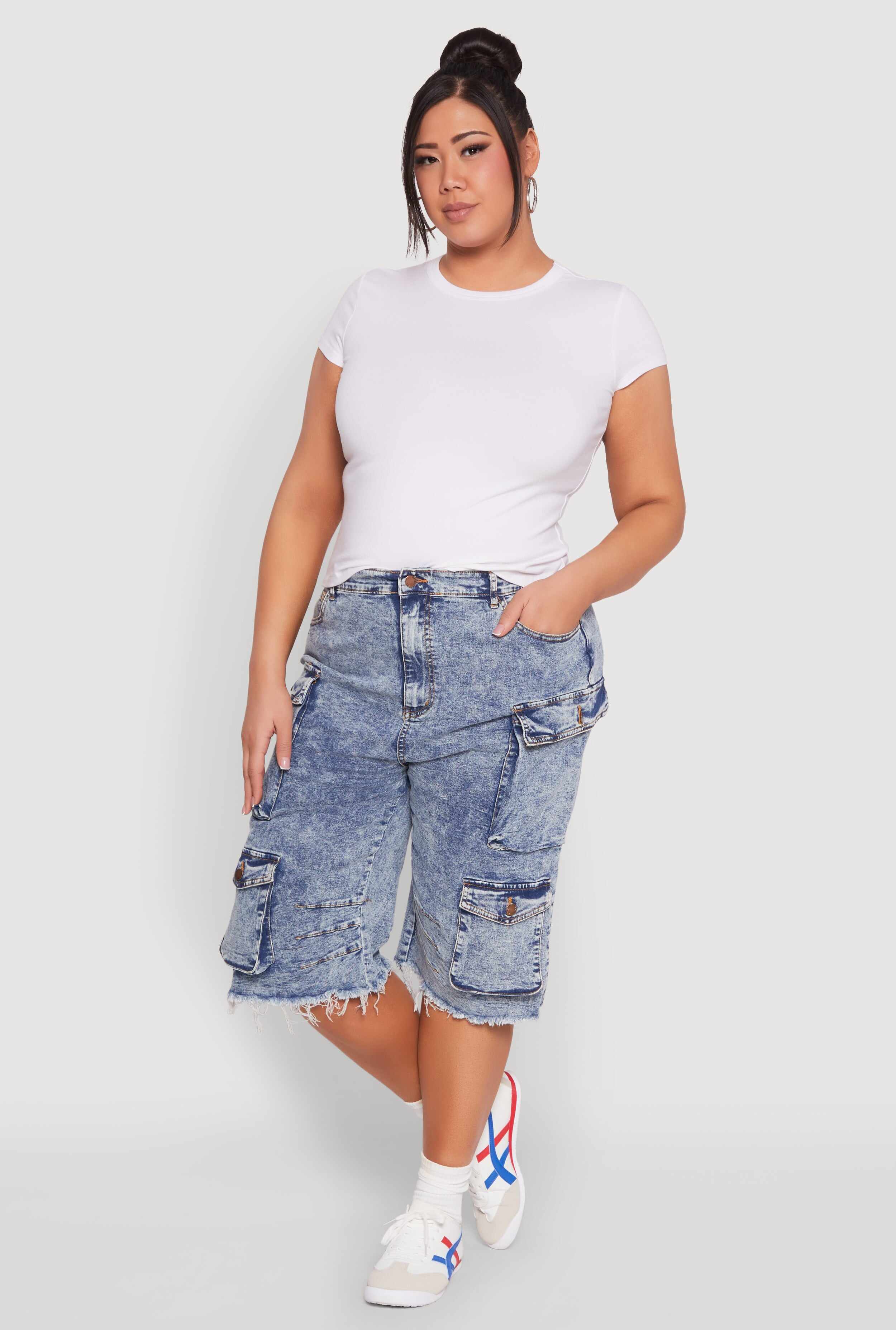 Plus Size Frayed Hem Cargo Bermuda Shorts