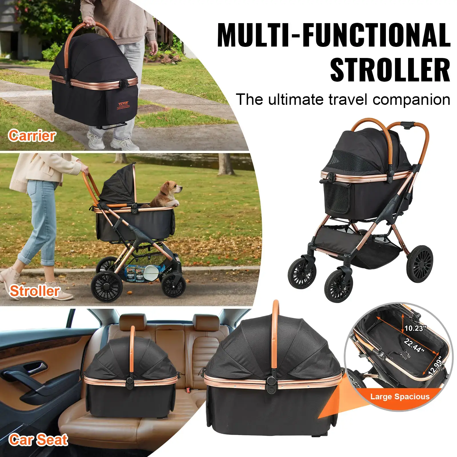 Pet Stroller,  4 Wheels Dog Stroller Rotate with Brakes, 66 lbs Weight Capacity, Puppy Stroller with Detachable Carrier, Storage Basket and Pet Pad, for Small to Medium Sized Dogs, Black