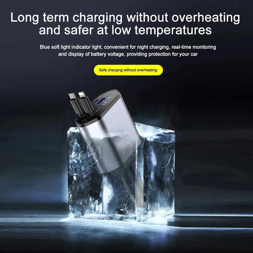 120W Fast Car Charger - 4-Device USB-C & Lightning with Retractable Cables