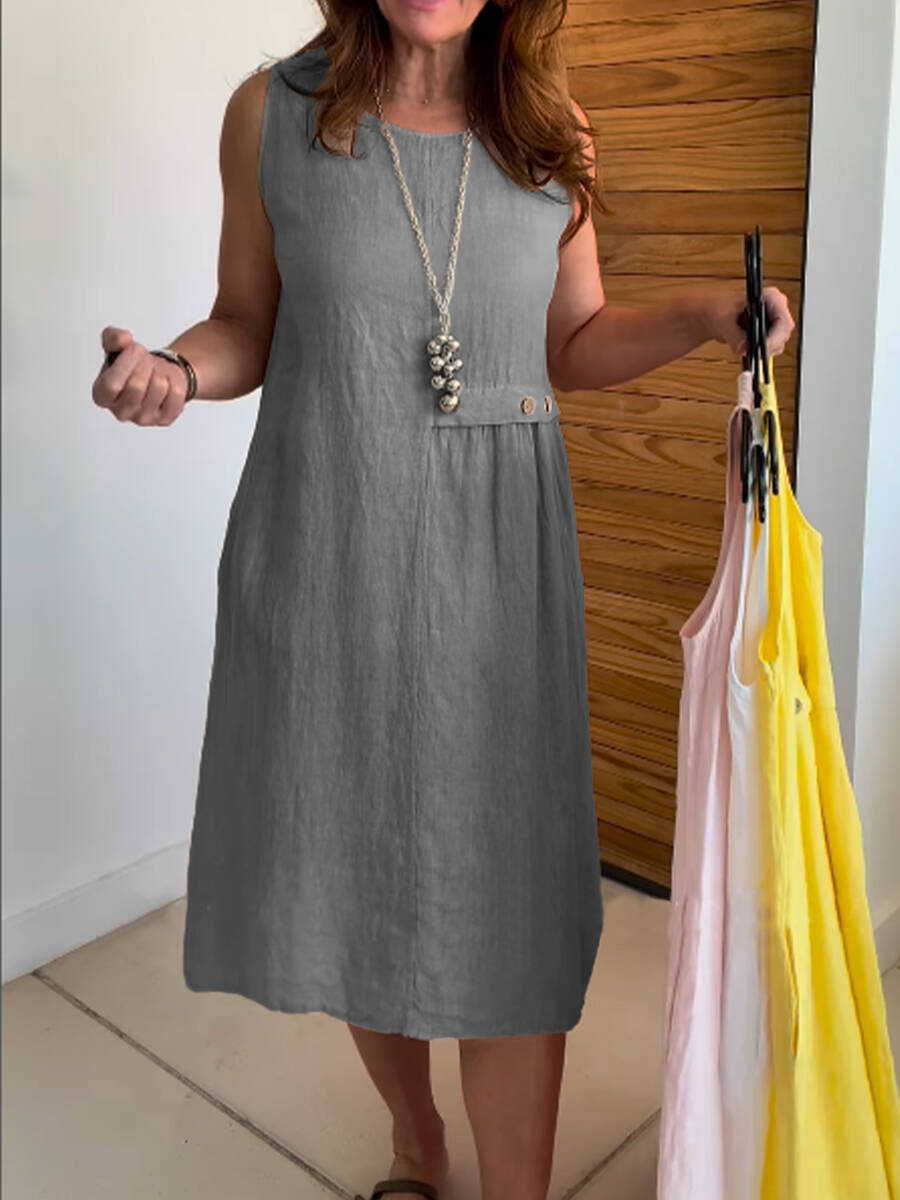 🔥Summer Arrivals🌟Women's Round Neck Pocket Cotton and Linen Dress