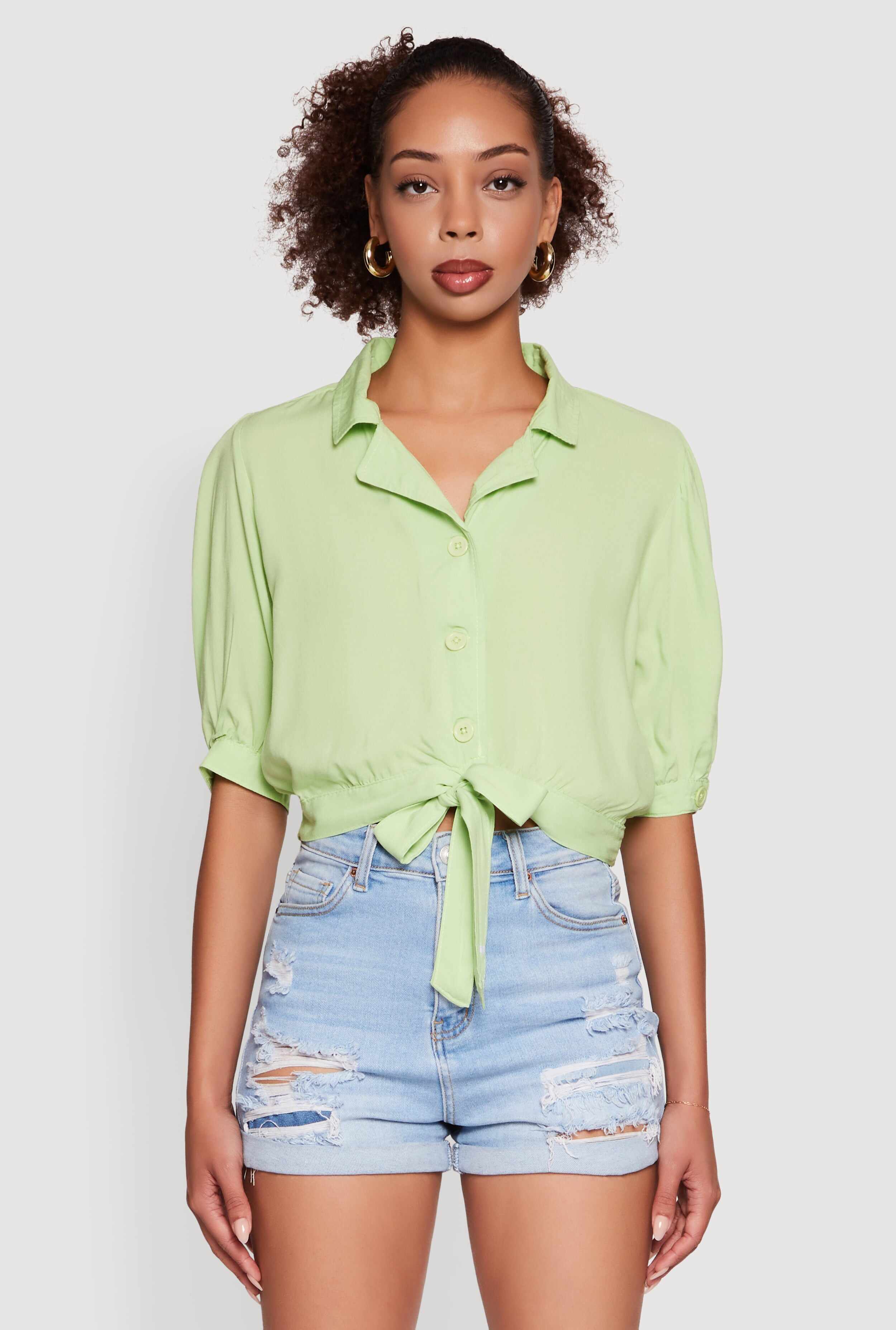 Tie Front Bubble Sleeve Cropped Blouse