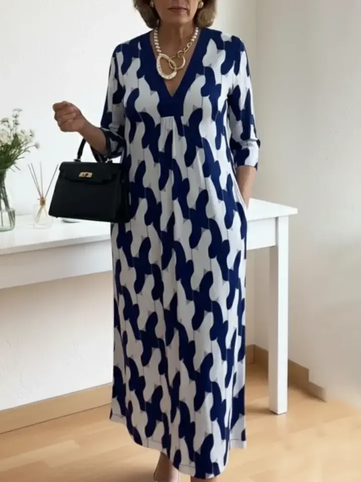 🔥Summer Arrivals🌟Elegant Art Print Color Block Trim V-neck Midi Dress