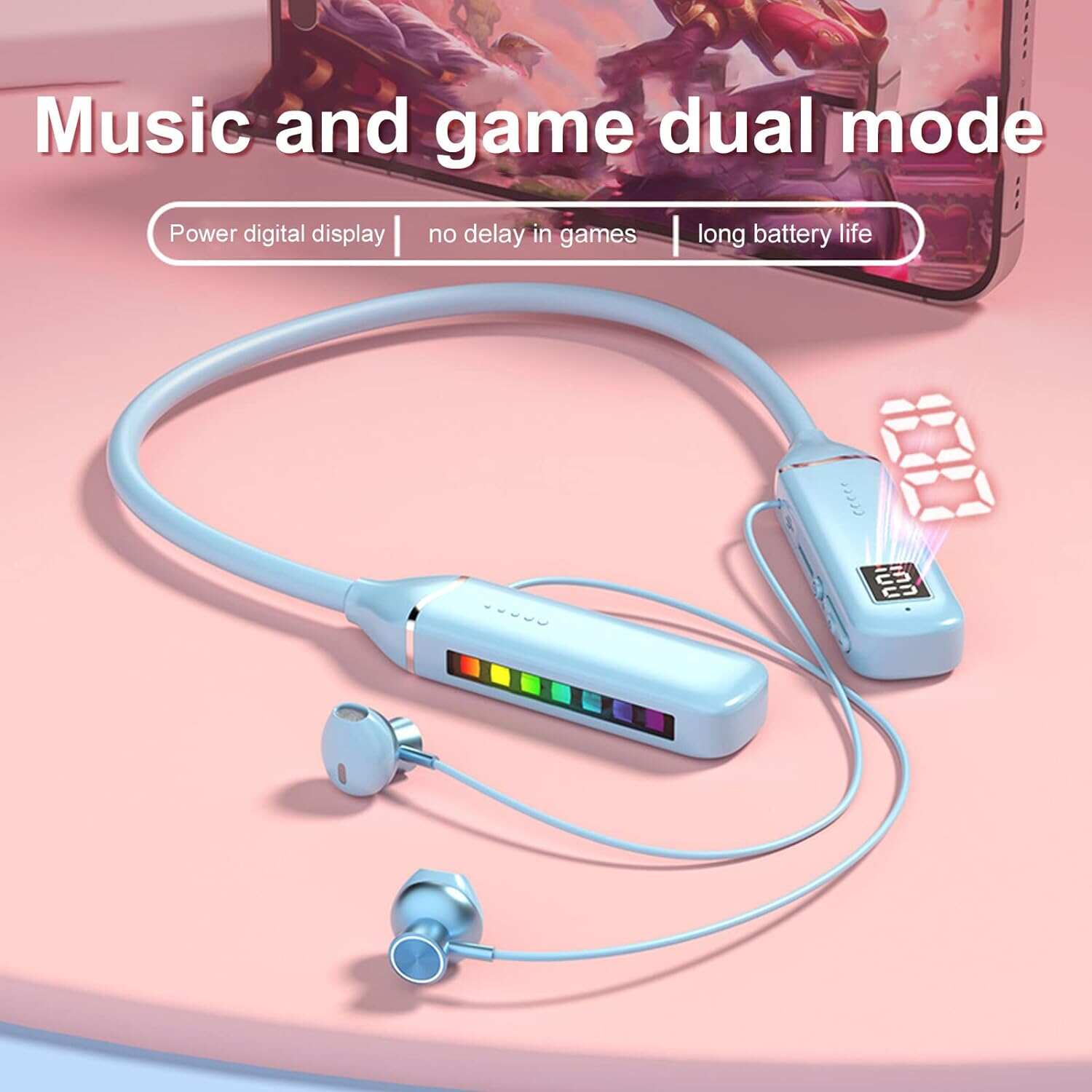 Bluetooth Neckband Headphone, Neckband Earphones Wireless, LED Power Display Memory Card Playback Magnetic Earbuds Headset with RGB Backlight (Black)