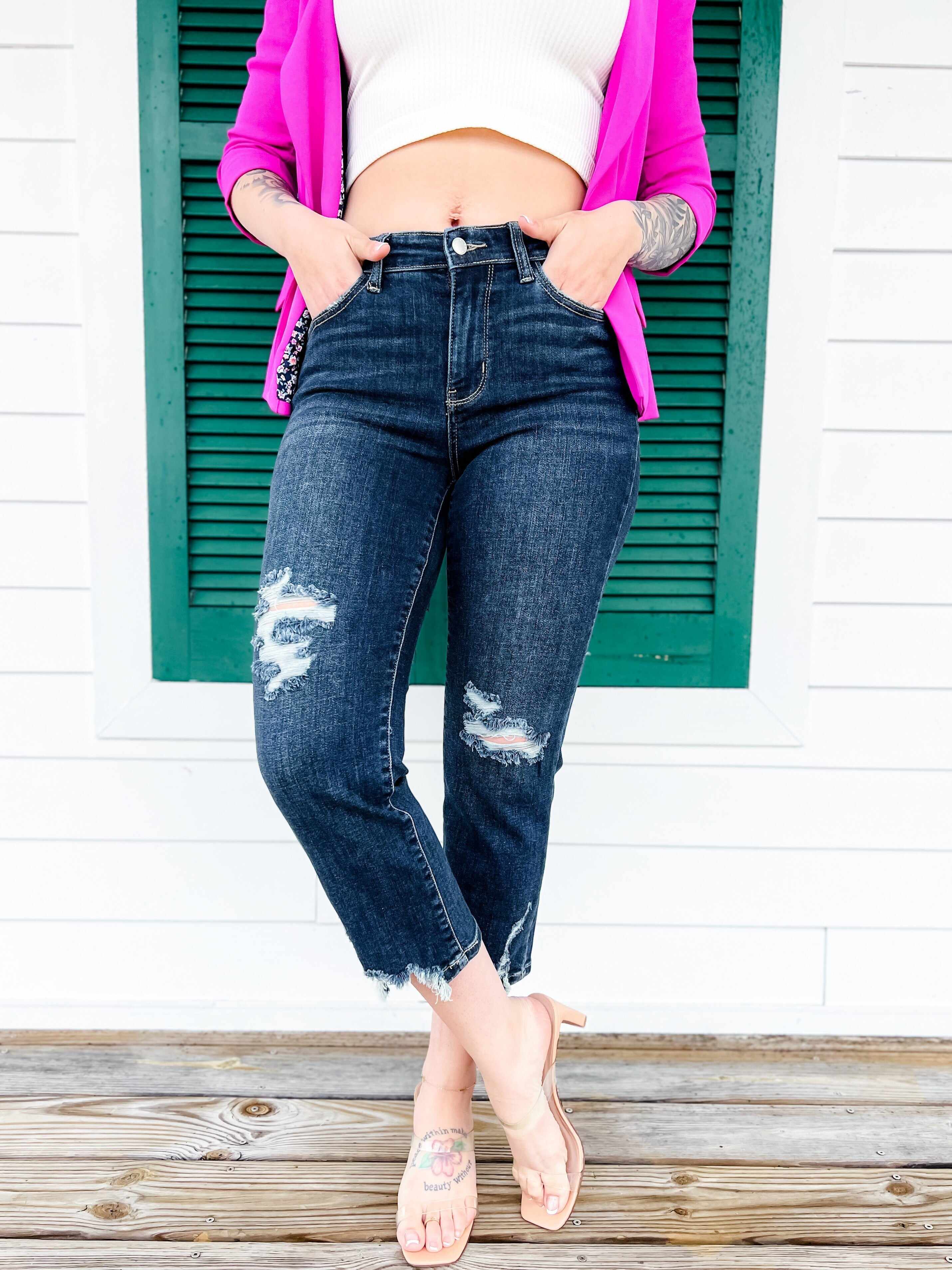 🔥Hot Sales🔥 After Hours Dark Wash Destroyed Hem Cropped Straight Leg Jeans