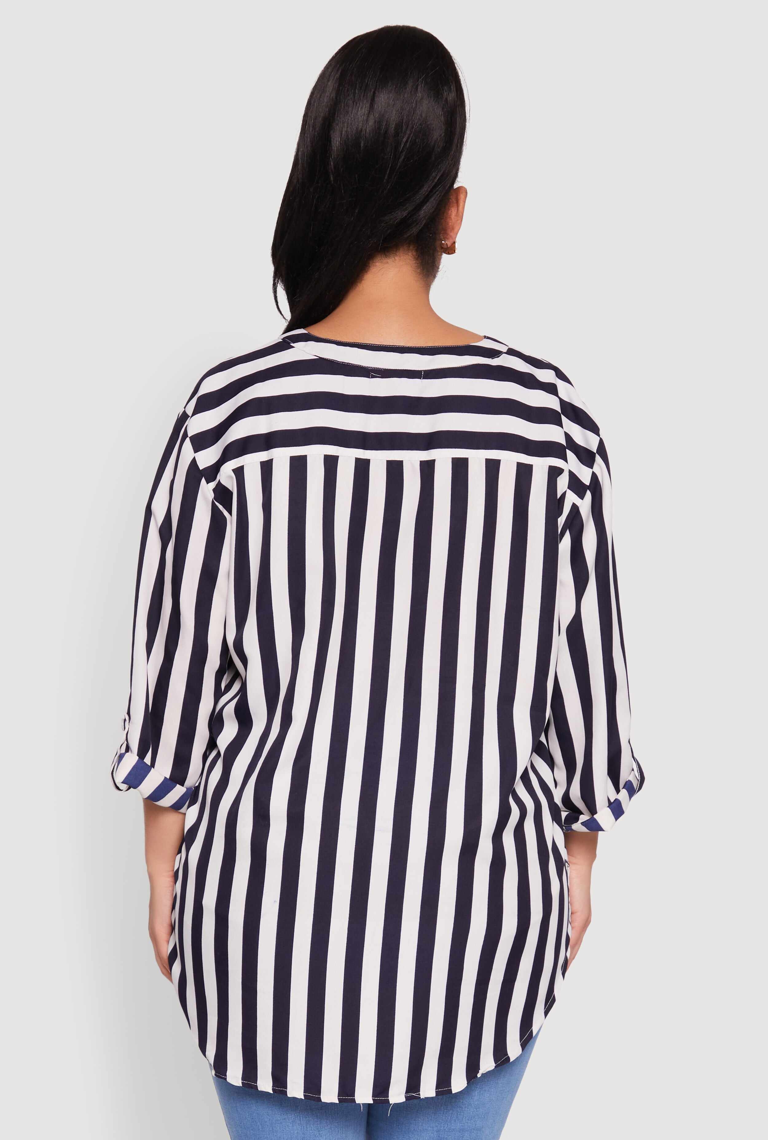 Plus Size Striped Notch Neck Blouse