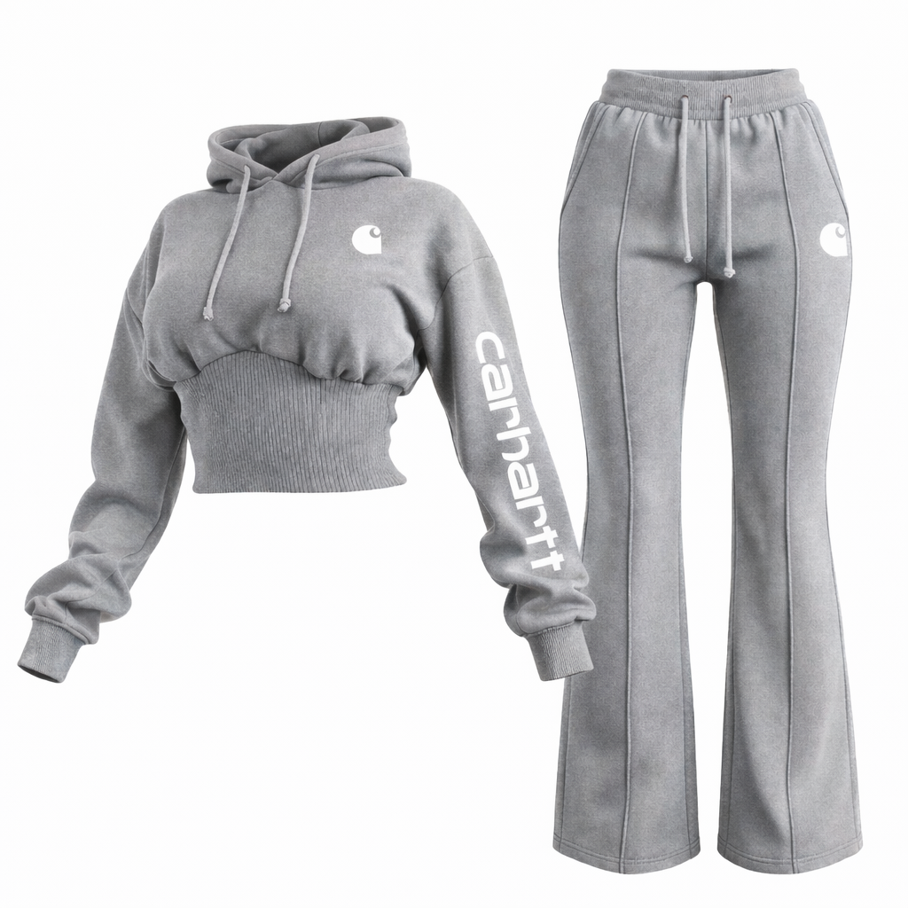 Women's Blue Cropped Shirred Waist Hoodie And Wide-Leg Pants Set