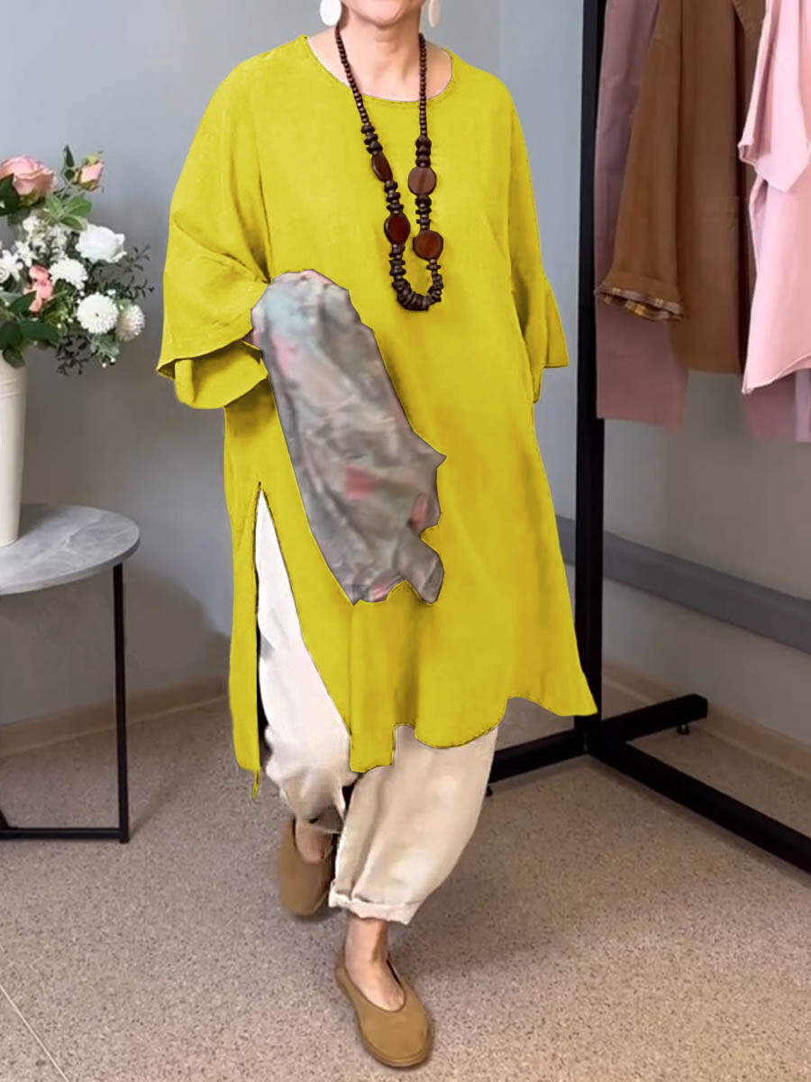 🔥Summer Arrivals🌟Women's Solid Color Round Neck 3/4 Sleeves Casual Linen Slit Long Top