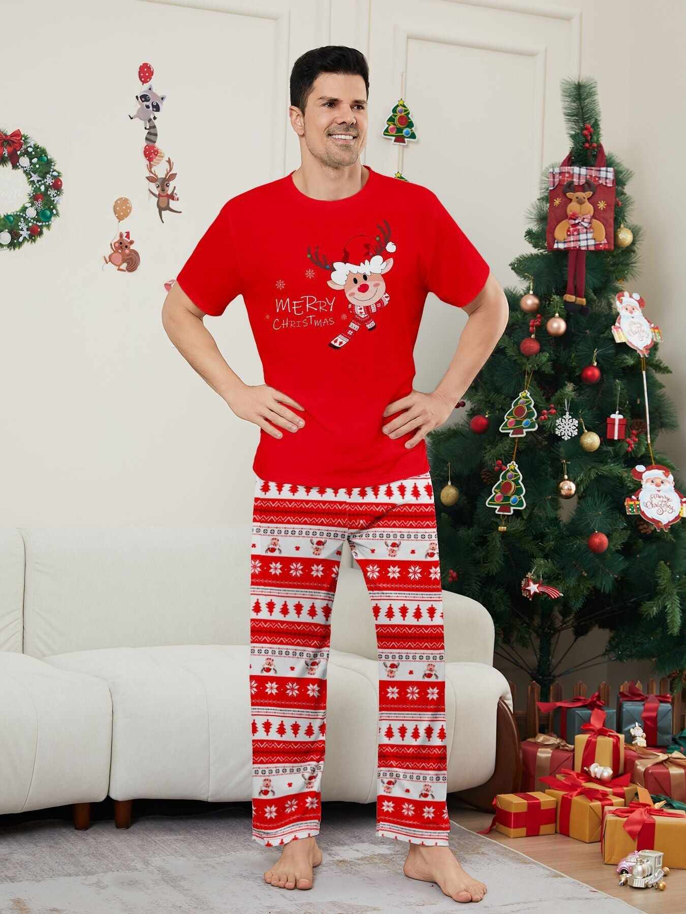 Fawn Printed Short Sleeve Family Matching Christmas Pajamas Sets