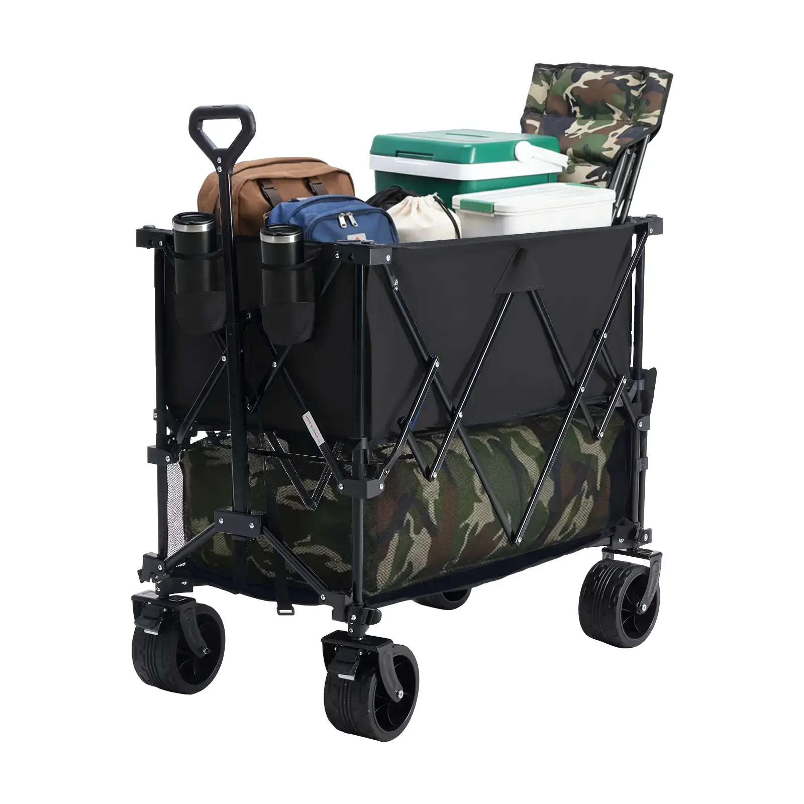 320L Outdoor Folding Double-Decker Wagon with Brakes, 440 lbs Capacity, Flexible Handle, All-Terrain Big Wheels, Compact Pack & Foldable Size for Grocery, Camping