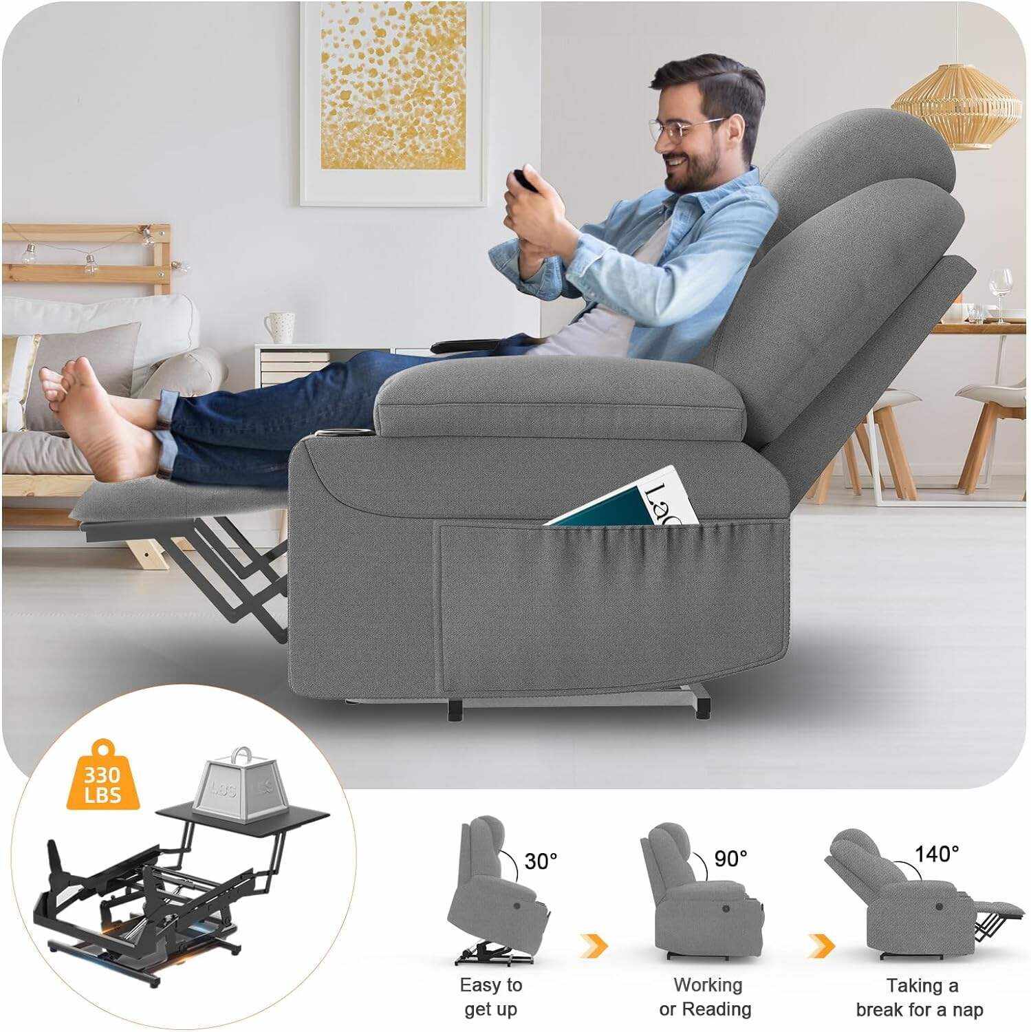 YONISEE Lar2ge Lift Chairs Recliner for Elderly - Power Fabric Lift Chair Modern with Massage and Heat, Extended Footrest, 3 Positions, 2 Side Pockets, and Cup Holders, USB Ports, Coffee Color