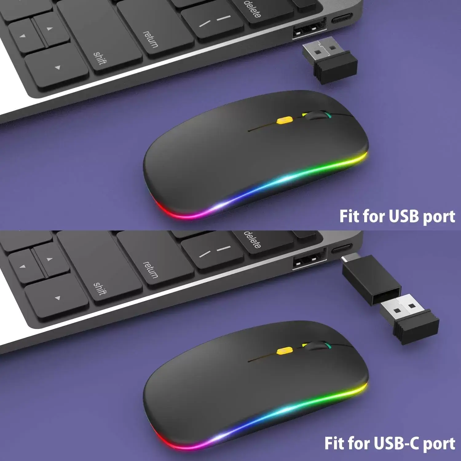 [Upgrade] LED Wireless Mouse, Slim Silent Mouse 2.4G Portable Mobile Optical Office Mouse with USB & Type-c Receiver, 3 Adjustable DPI Levels for Notebook, PC, Laptop, Computer, MacBook (Pink)