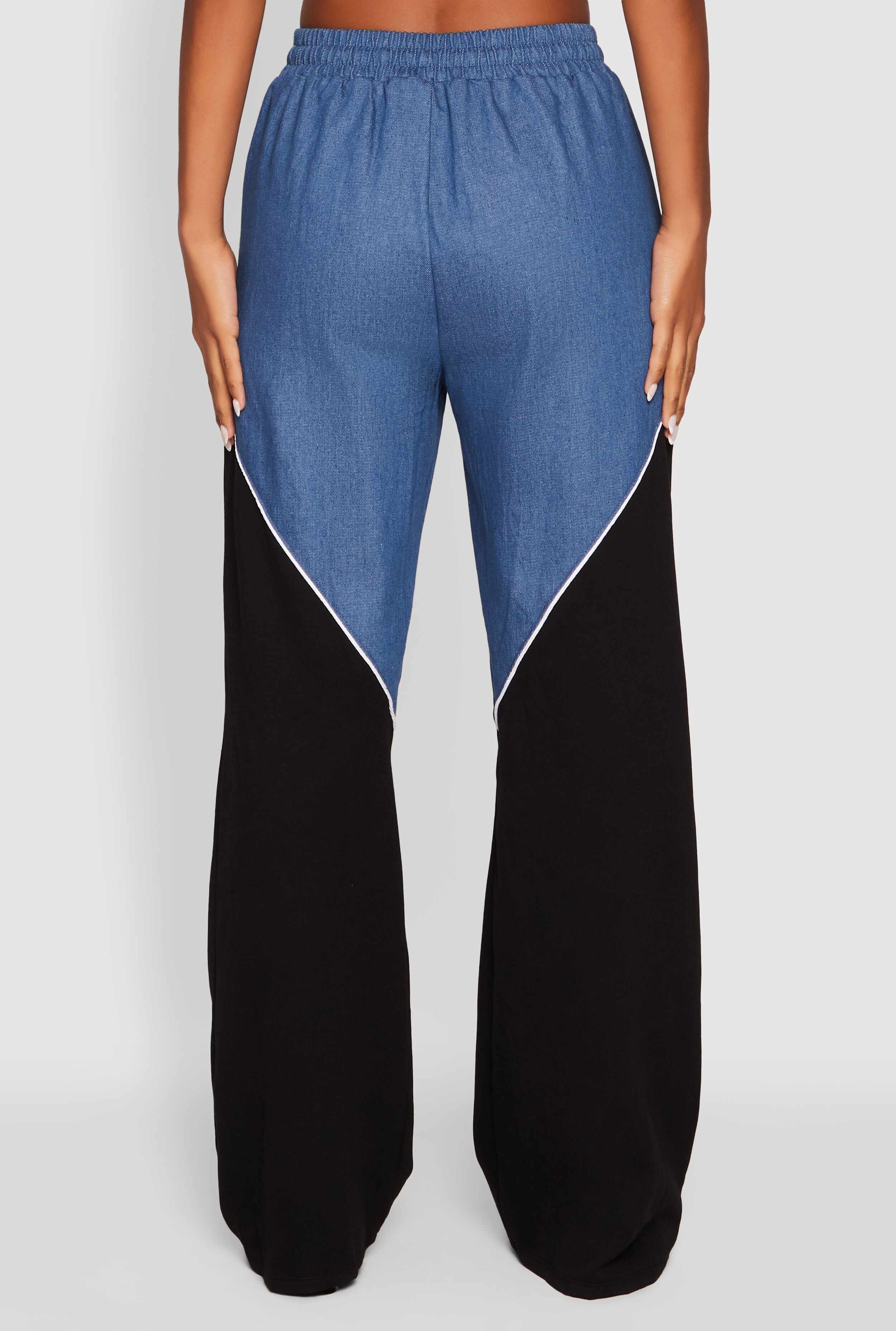 Denim Color Block Drawstring Waist Wide Leg Pants
