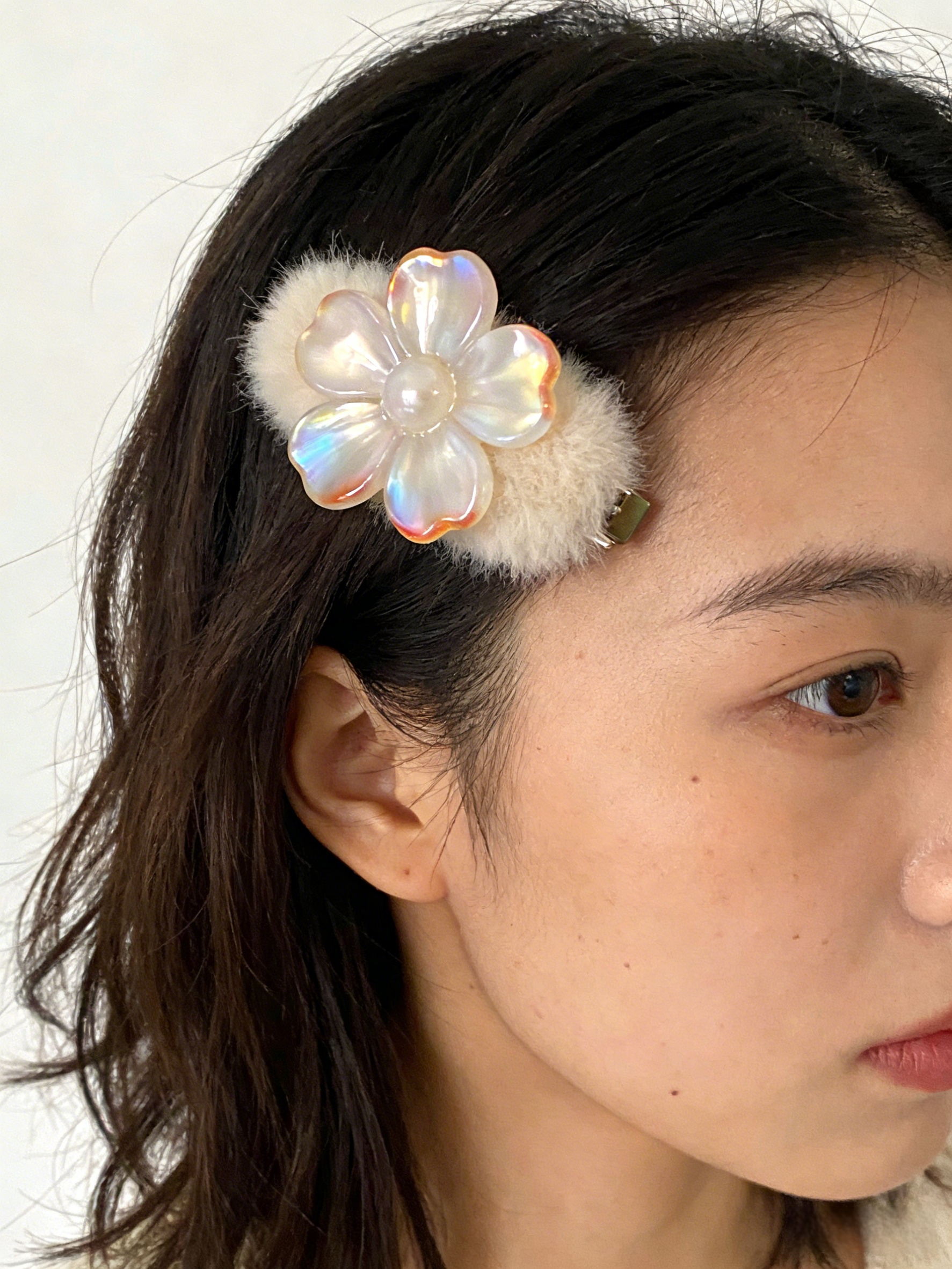 Handmade Resin Fuzzy Fur Fluffy Floral Hairpin