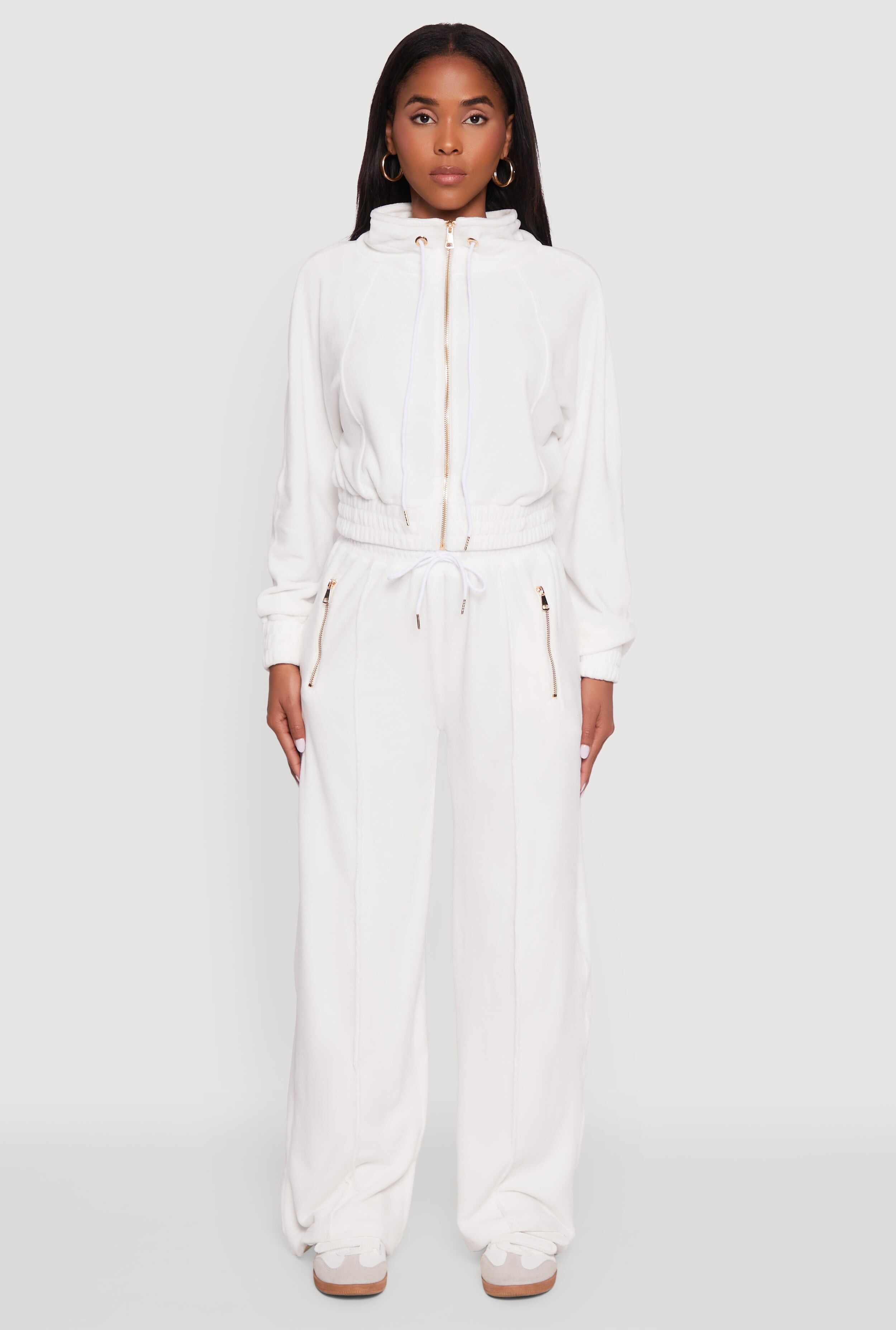 Velour Zip Pocket Drawstring Wide Leg Sweatpants