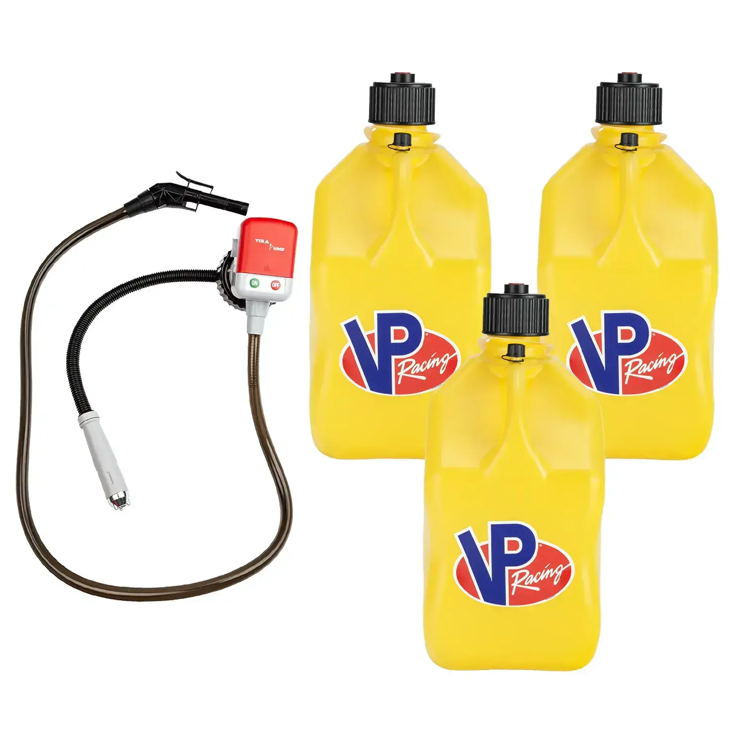 (3 PACK) Racing Fuels Utility Jug + (1) Fluid Transfer Pump, Tera Pump, Battery Liquid Transfer, Cordless Water Transfer Outdoor Power Equipment, Motorsports,  Efficiency,  Convenience
