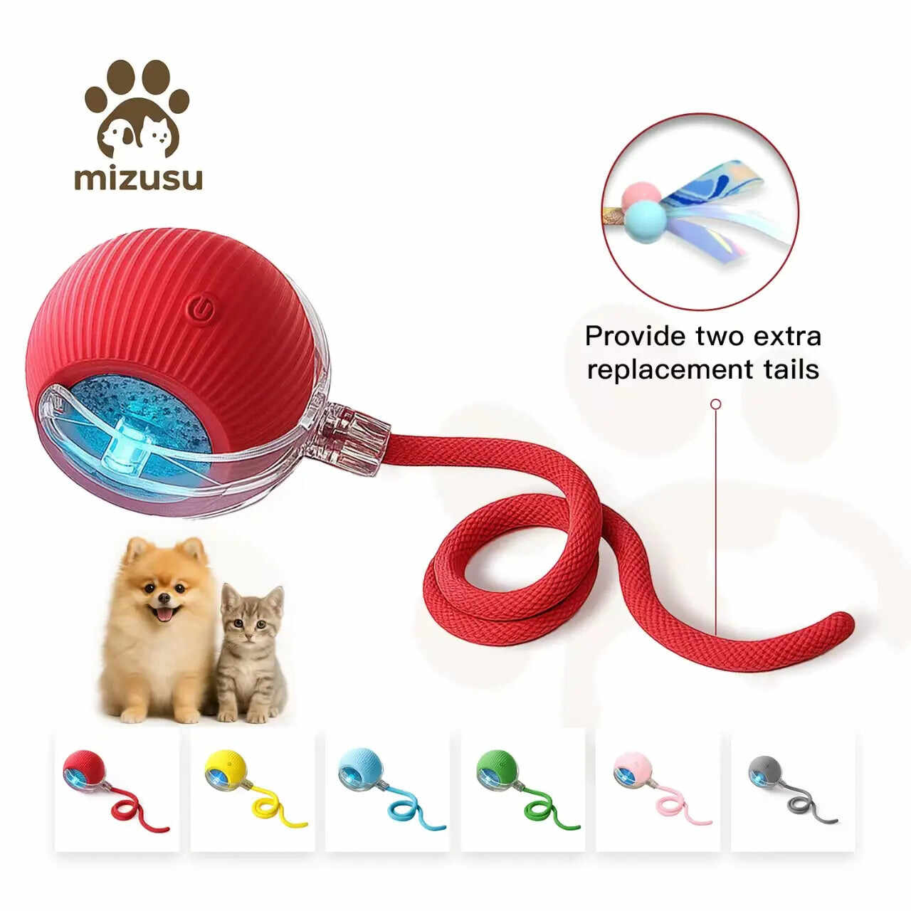 Interactive Pet Rolling Ball Toy with 2 Replaceable Tails, Automatic Dog & Cat Teaser Toy