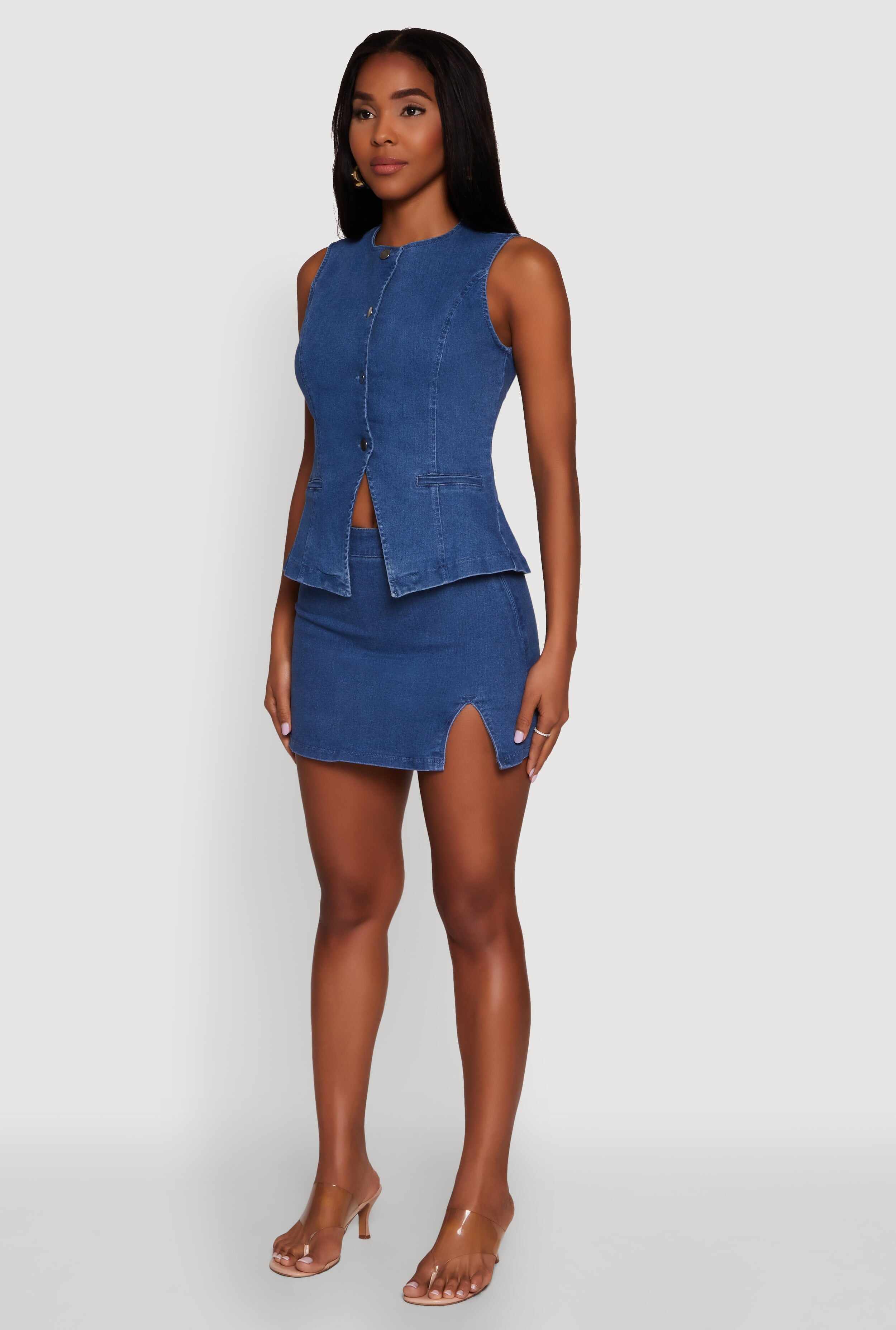 Trendy High Neck Button Front Denim Vest