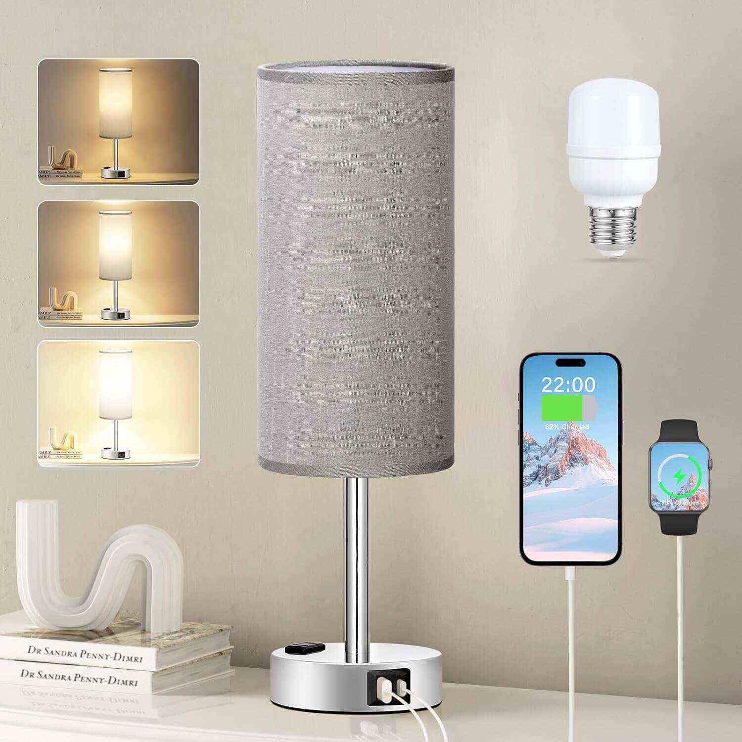 Bedside Table Lamp for Bedroom - 3 Way Dimmable Touch Lamp USB C Charging Ports and AC Outlet, Small Lamp Wood Base Round Flaxen Fabric Shade for Living Room, Desk, LED Bulb Included