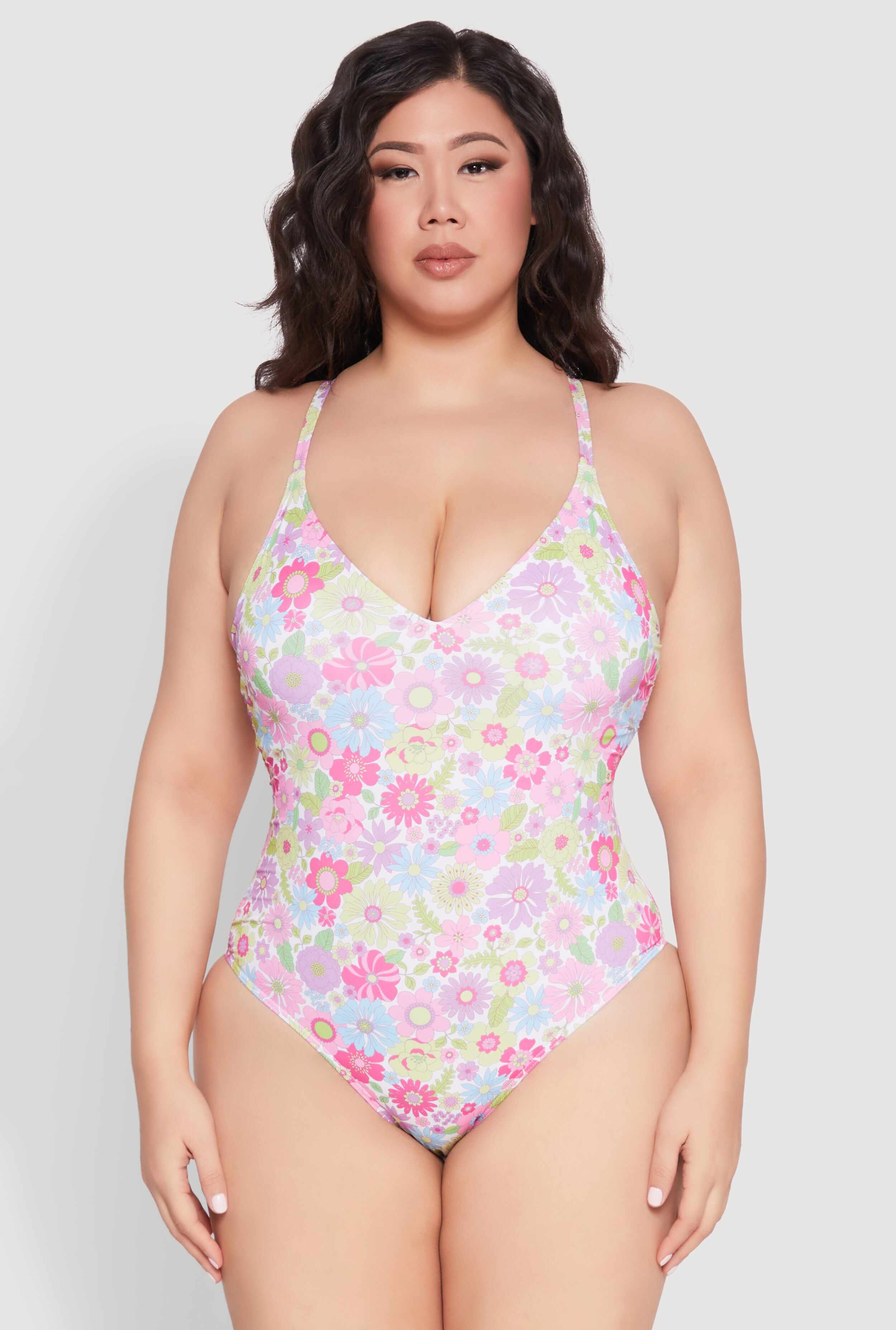 Plus Size Flower Print One Piece Swimsuit