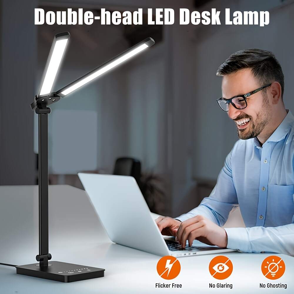 Dimmable Double-Head LED Desk Lamp, Adjustable Swing-Arm Table Lamp, Eye-Care Technology, 5 Color Modes, 5 Brightness Levels, Touch Control, with 45min Auto Timer, USB Powered, for Home Office, Bedroom, Study Room